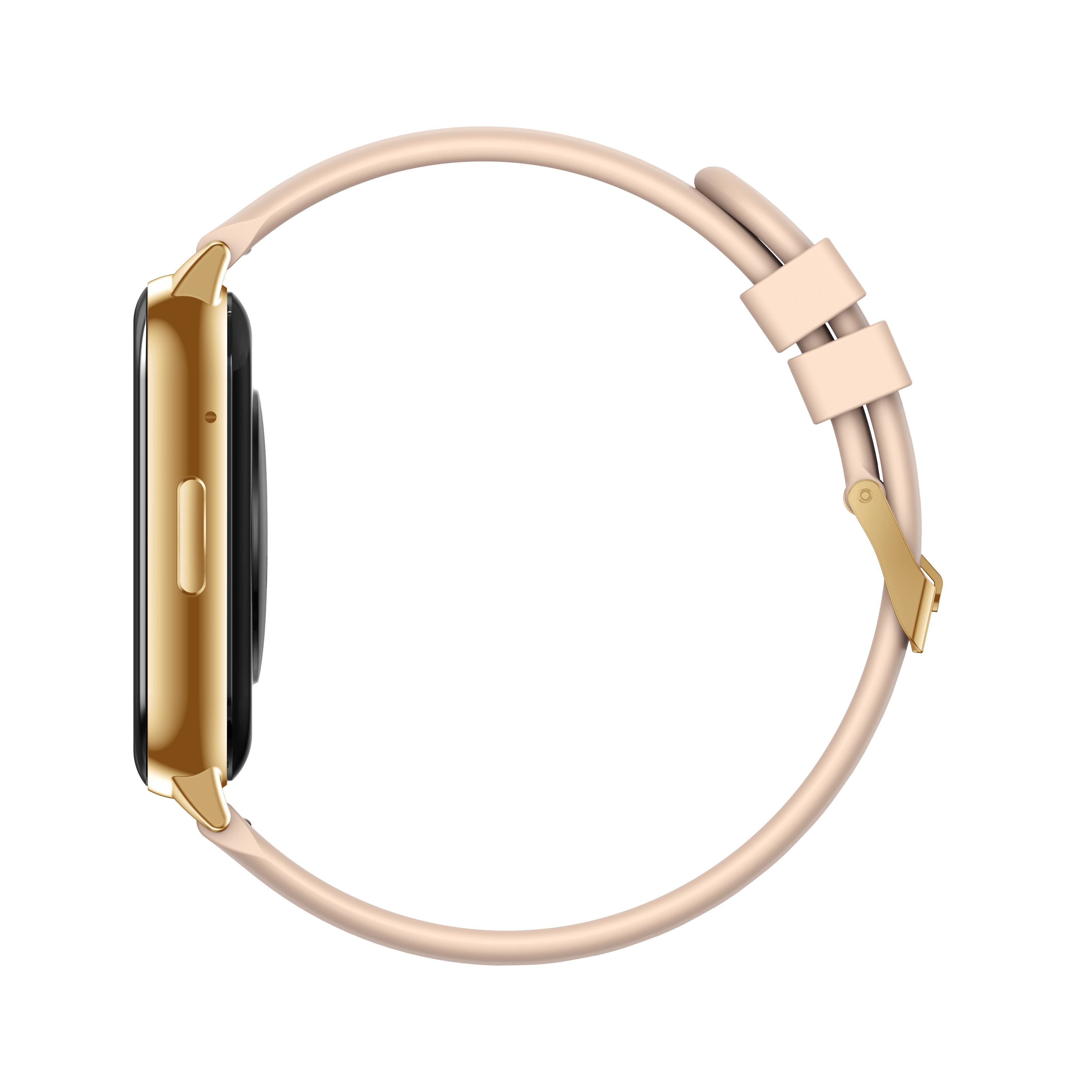 Orologio smart dorato con cinturino chiaro, su sfondo bianco.