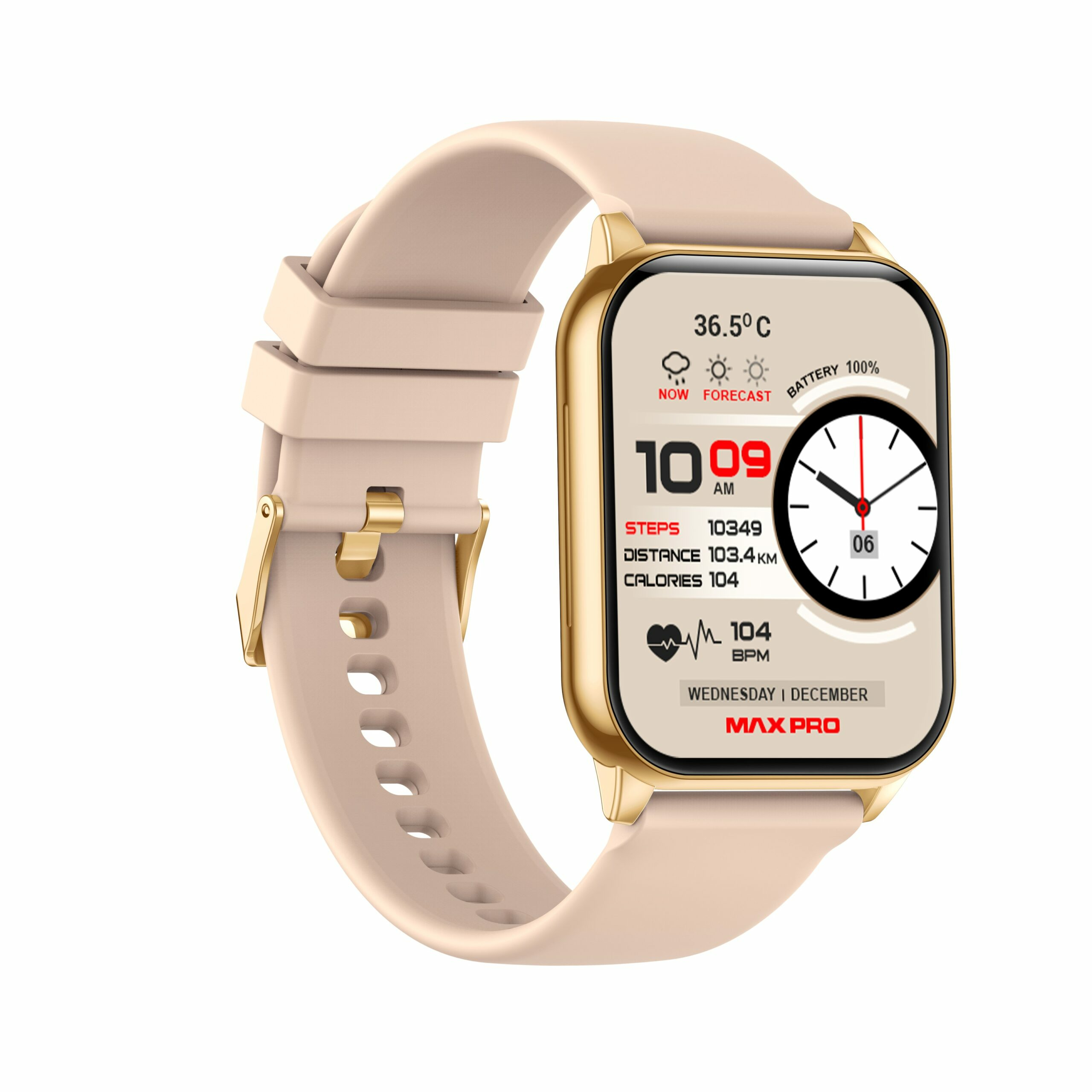 Uno smartwatch dorato con cinturino beige mostra ora, passi, distanza, calorie, battito cardiaco e data.
