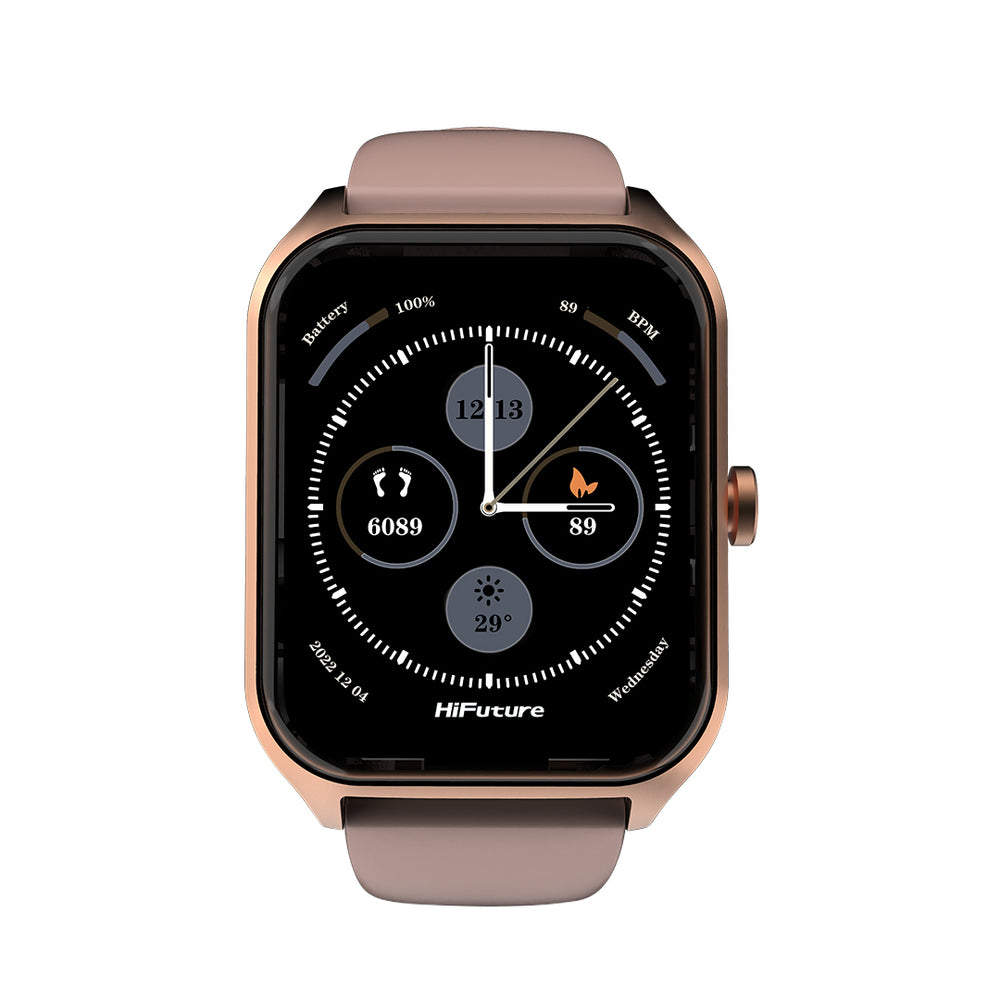 Uno smartwatch oro rosa con quadrante nero che mostra passi, battito cardiaco, temperatura e ora.