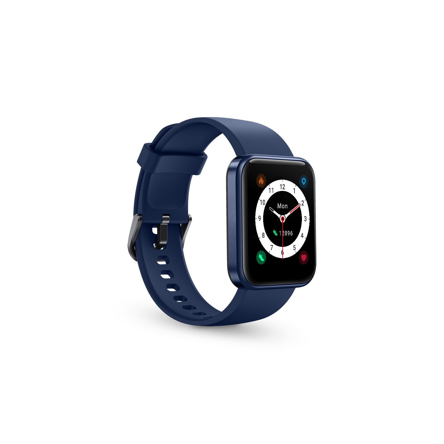 Un reloj inteligente azul oscuro con pantalla rectangular y correa deportiva.