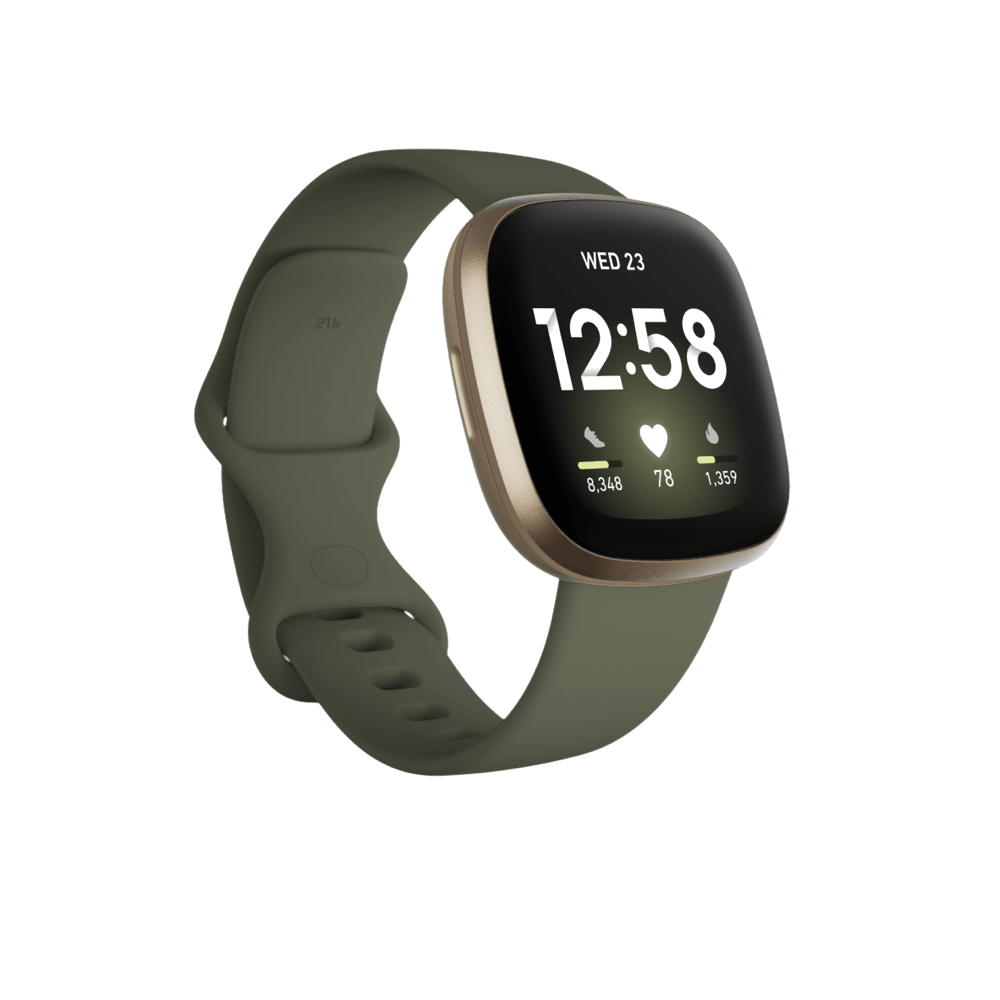 Eine grüne Smartwatch mit einem goldenen Rahmen zeigt 12:58 und Aktivitätsdaten an.