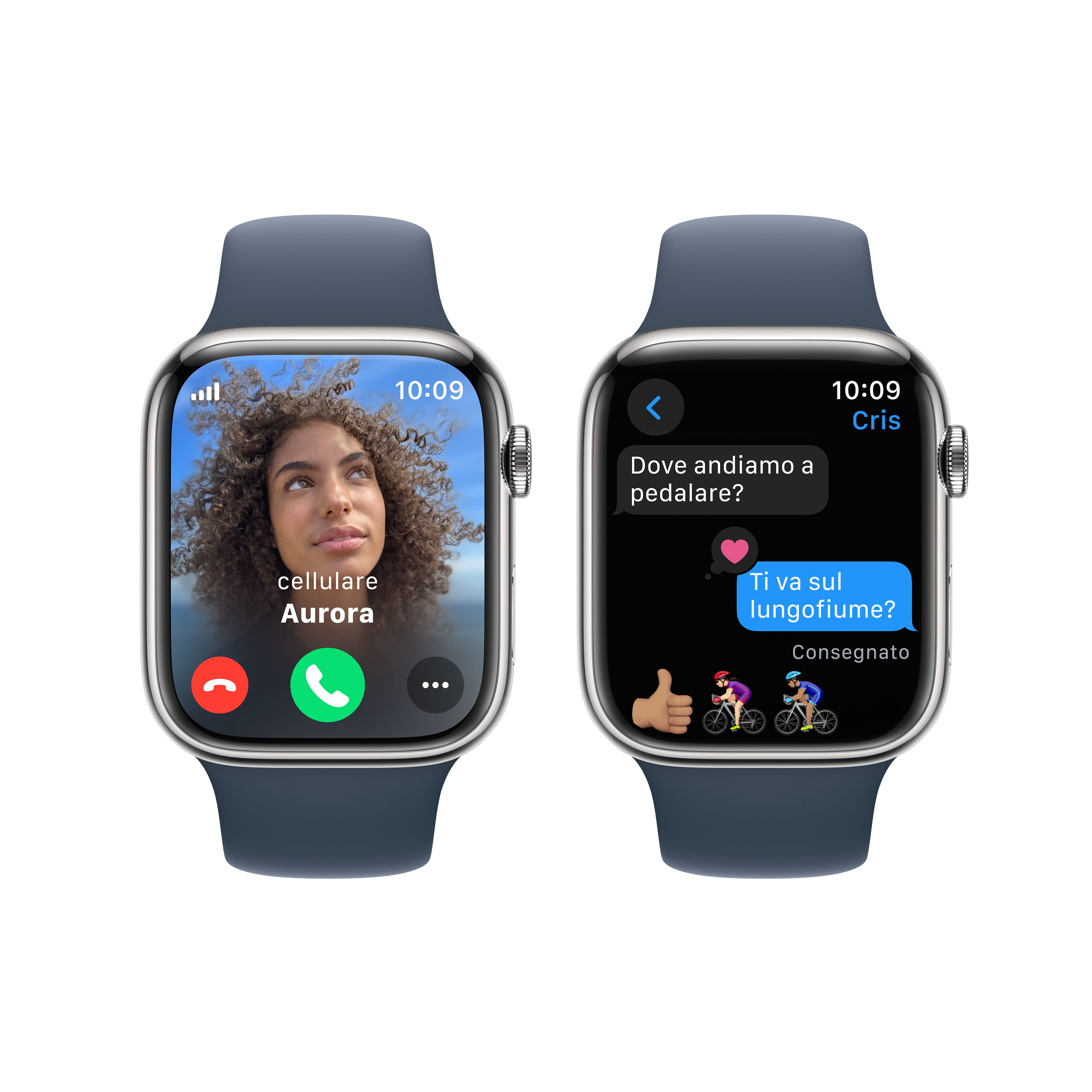 Due smartwatch, una mostra una videochiamata, l'altra un messaggio.