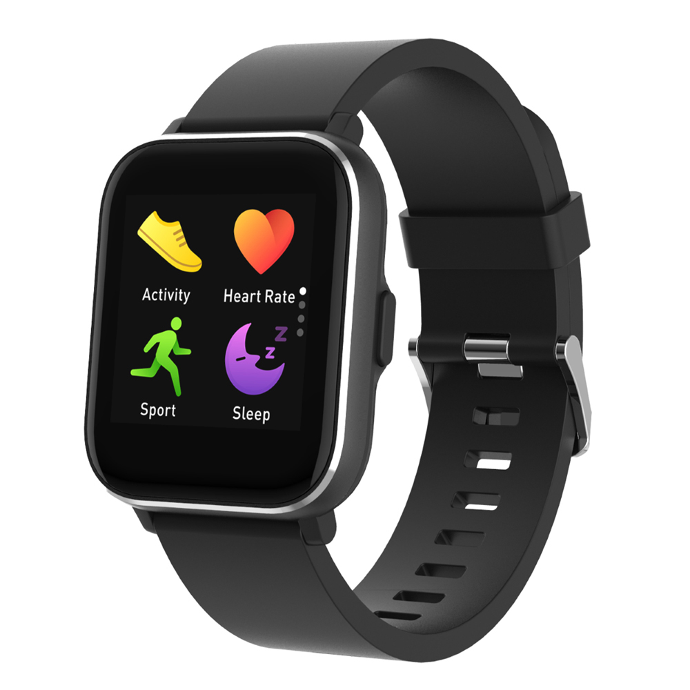 Eine schwarze Smartwatch mit einem bunten Display, das Aktivität, Herzfrequenz, Sport und Schlaf anzeigt.