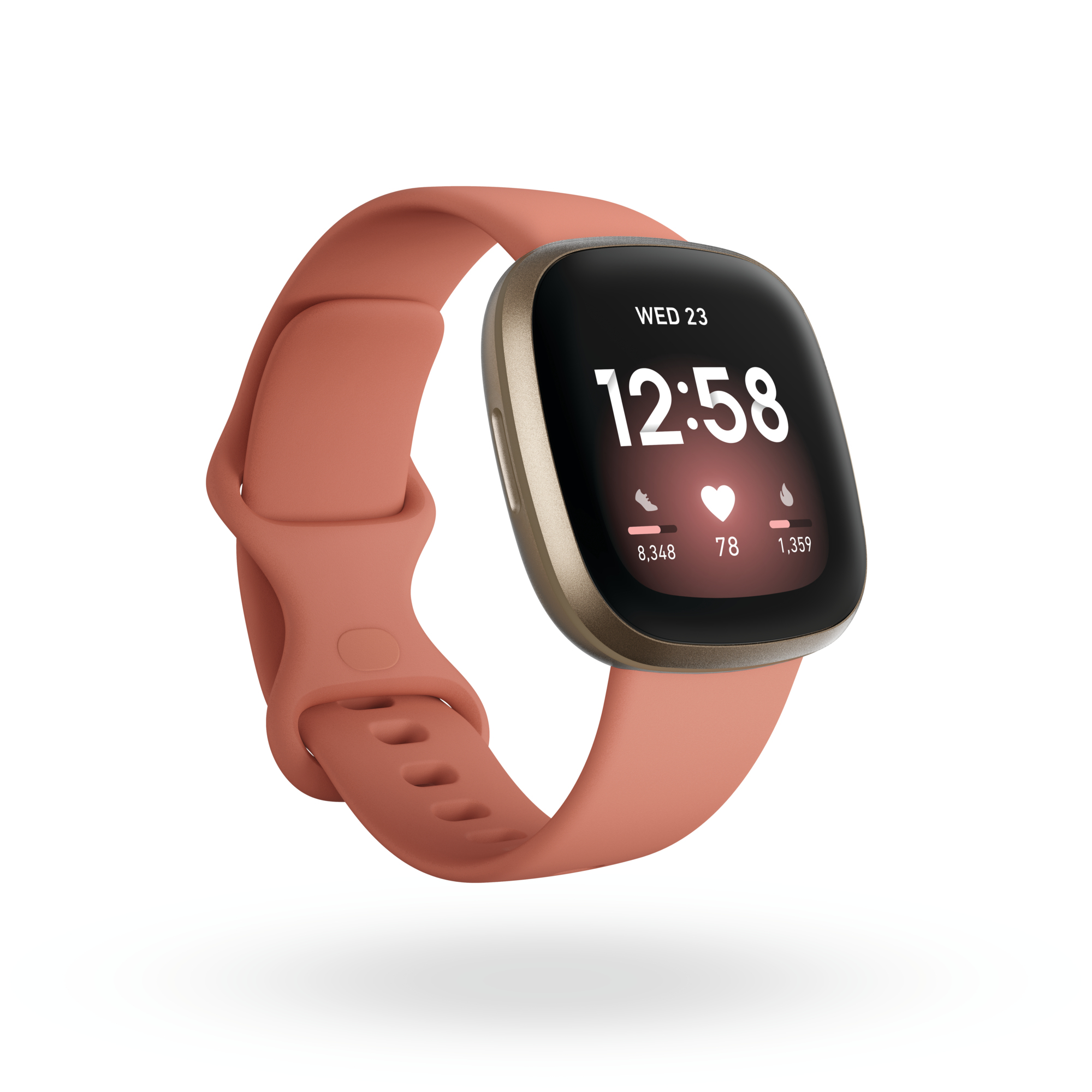 A coral-colored smartwatch with a gold frame against a white background.