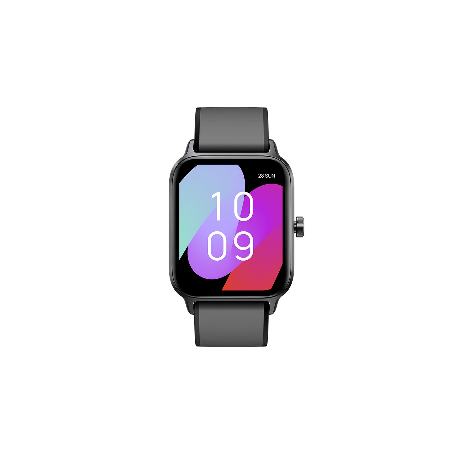 Se muestra un reloj inteligente gris con una esfera colorida.