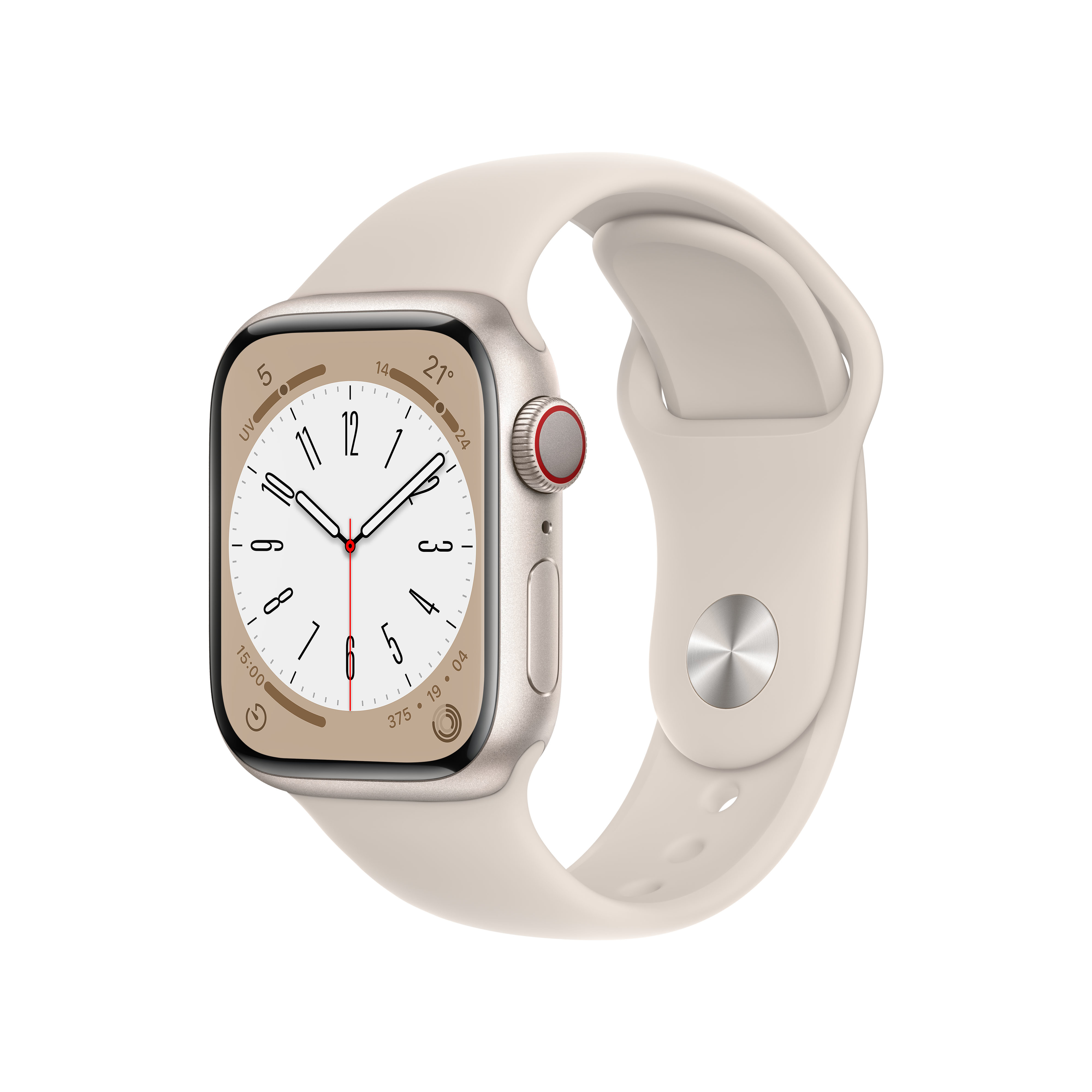 Eine goldene Smartwatch mit beigem Armband auf weißem Hintergrund.