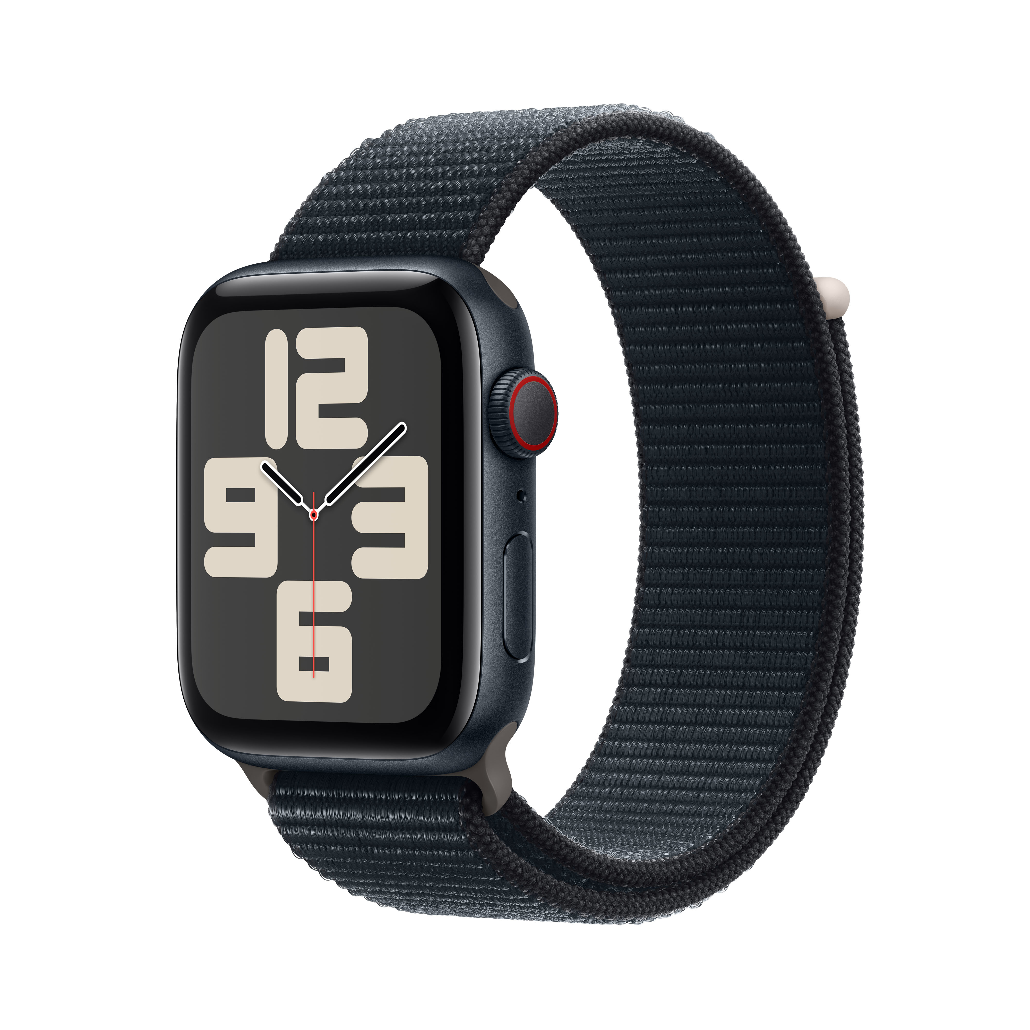 Eine dunkle Smartwatch mit einem schwarzen Armband und einem Zifferblatt mit beige Zahlen.