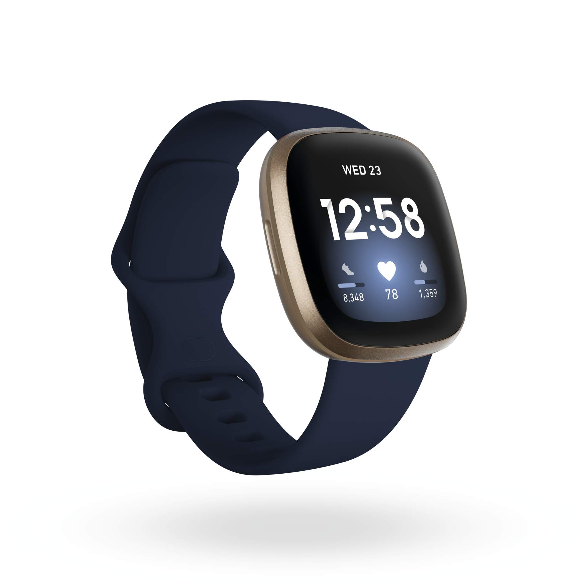 Eine dunkelblaue Smartwatch mit goldfarbenem Rahmen auf weißem Hintergrund.