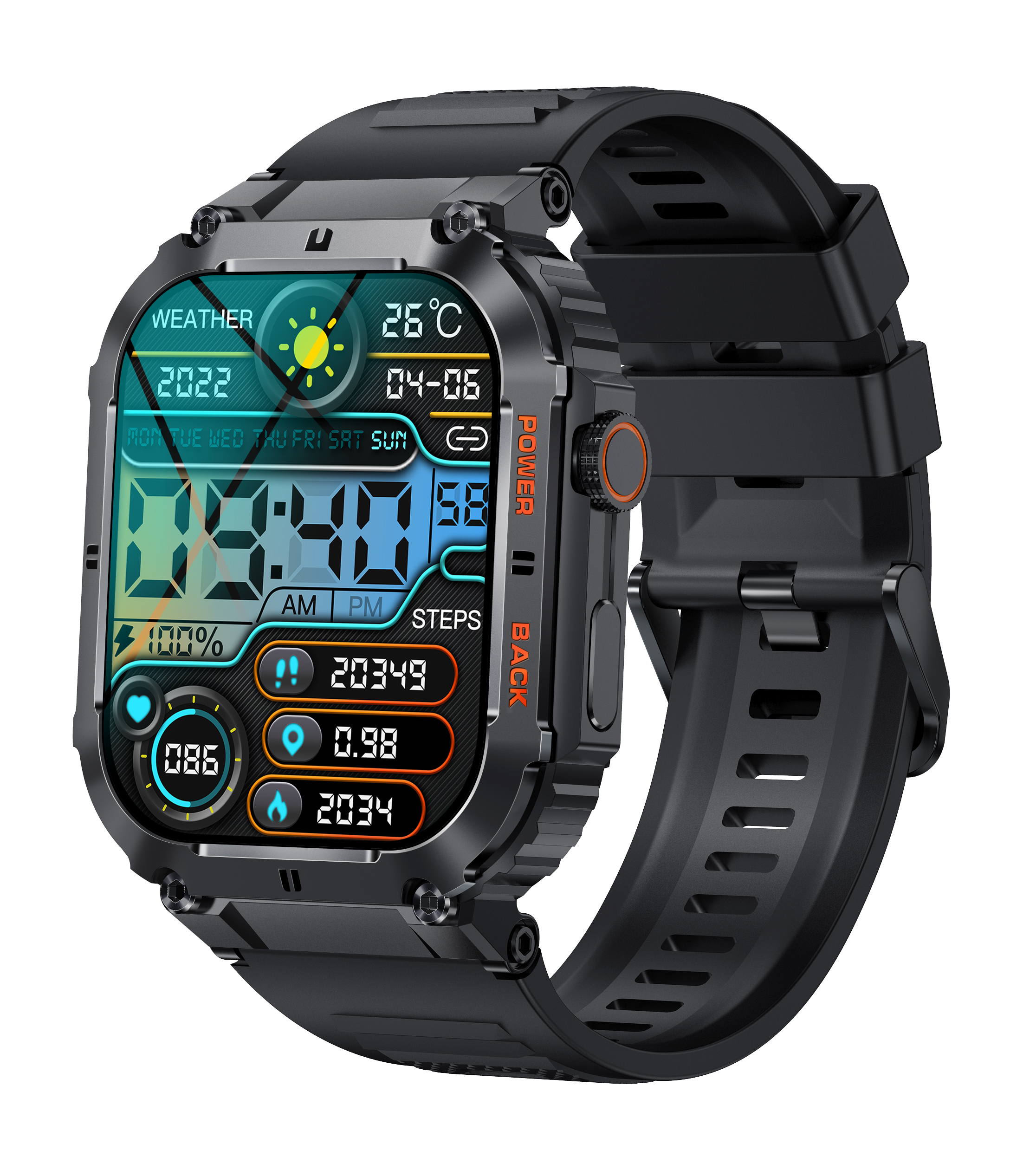 Black smartwatch with a detailed display showing weather, time, and steps.