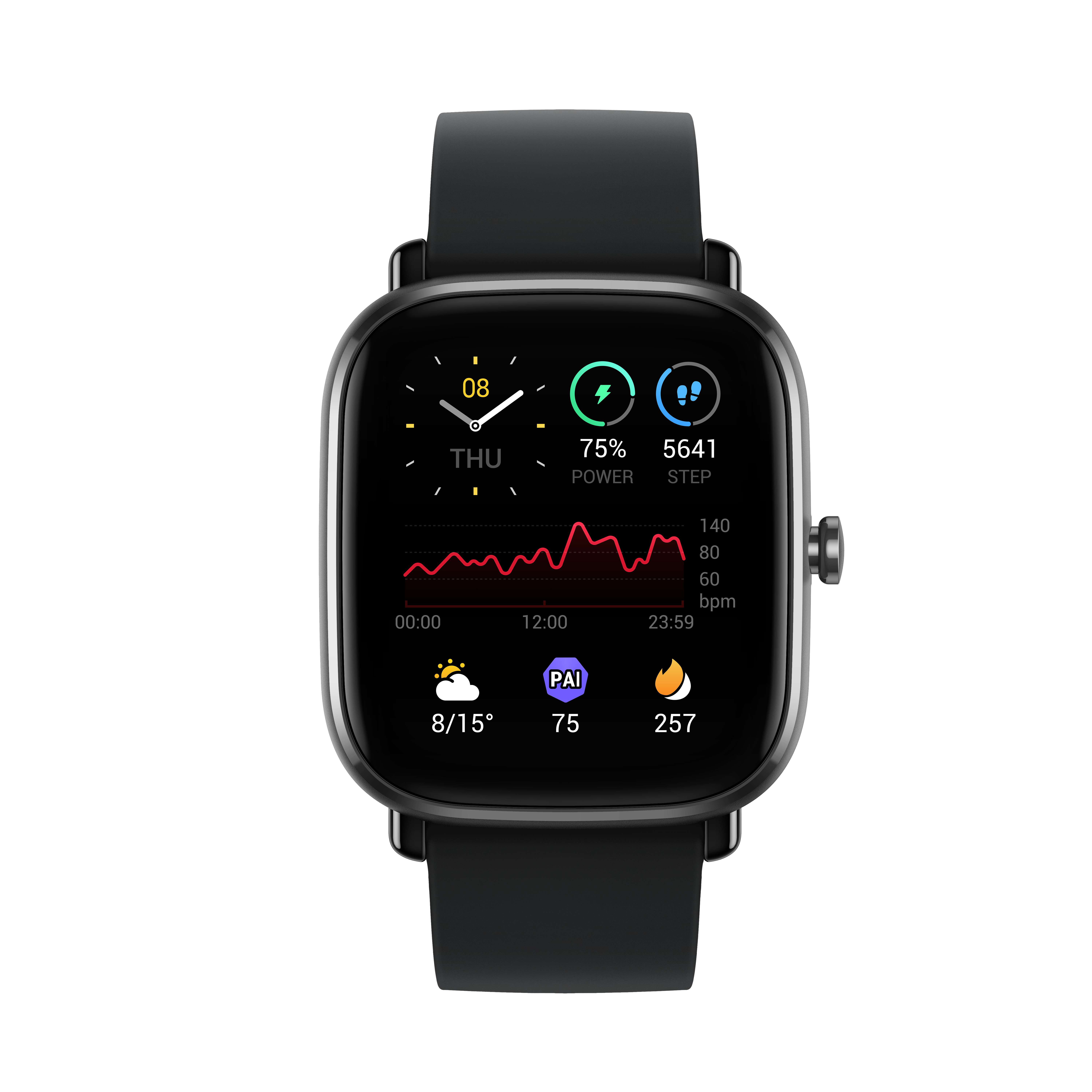 Uno smartwatch nero mostra ora, data, battito cardiaco e meteo.