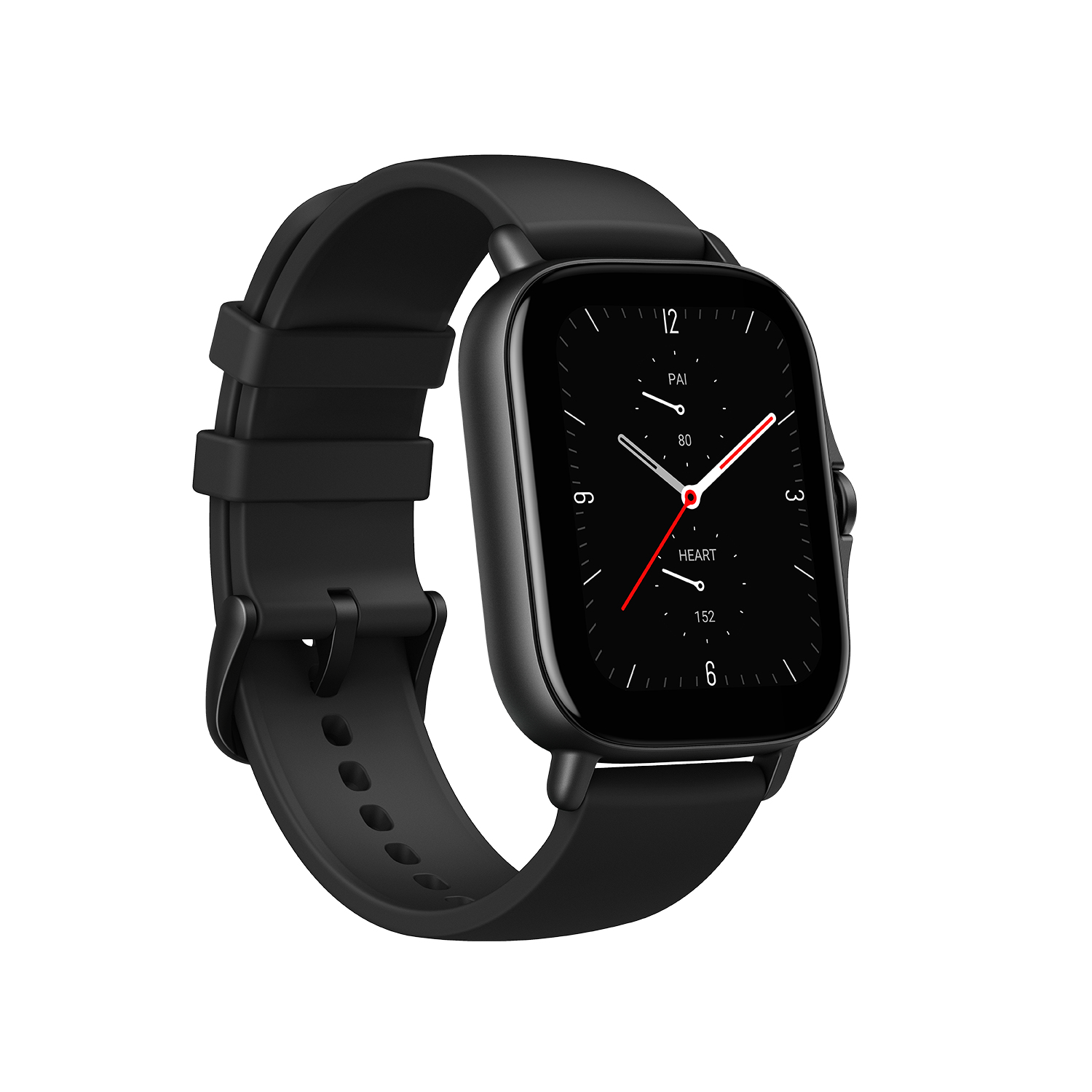 Uno smartwatch nero con quadrante quadrato e cinturino nero su sfondo bianco.