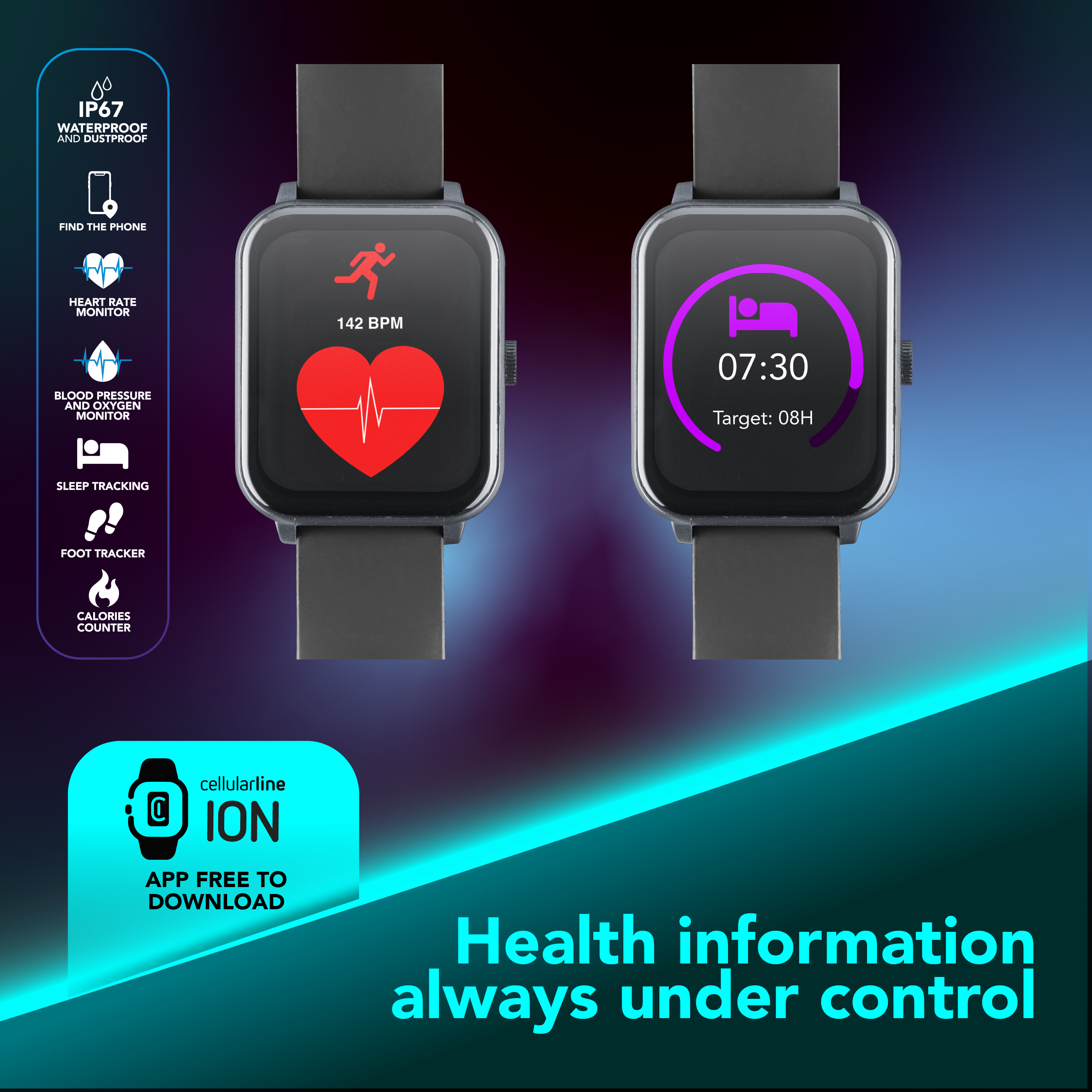 Due smartwatch mostrano frequenza cardiaca e tempo di sonno. Impermeabile IP67.
