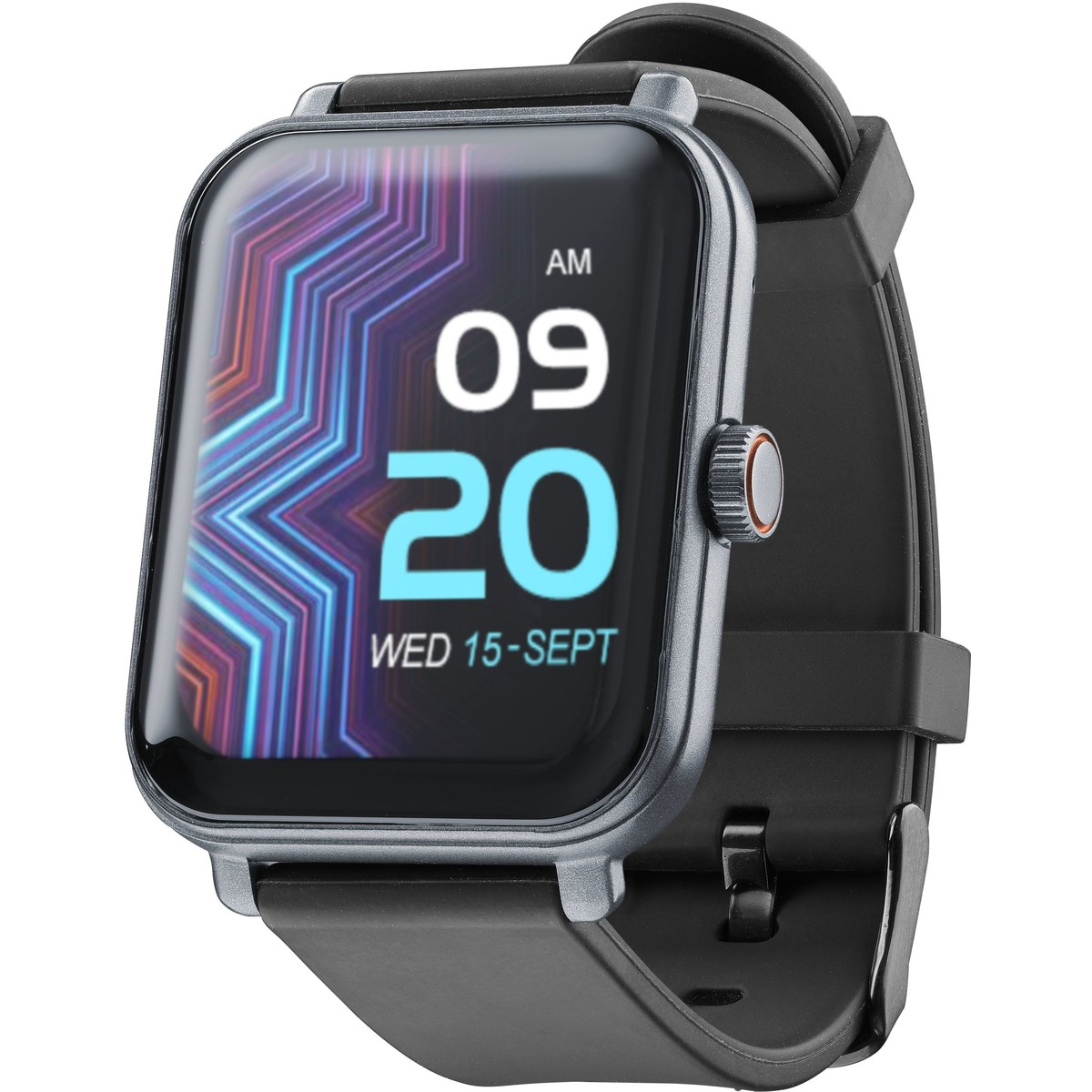 Uno smartwatch grigio con cinturino nero e quadrante colorato mostra le 09:20.
