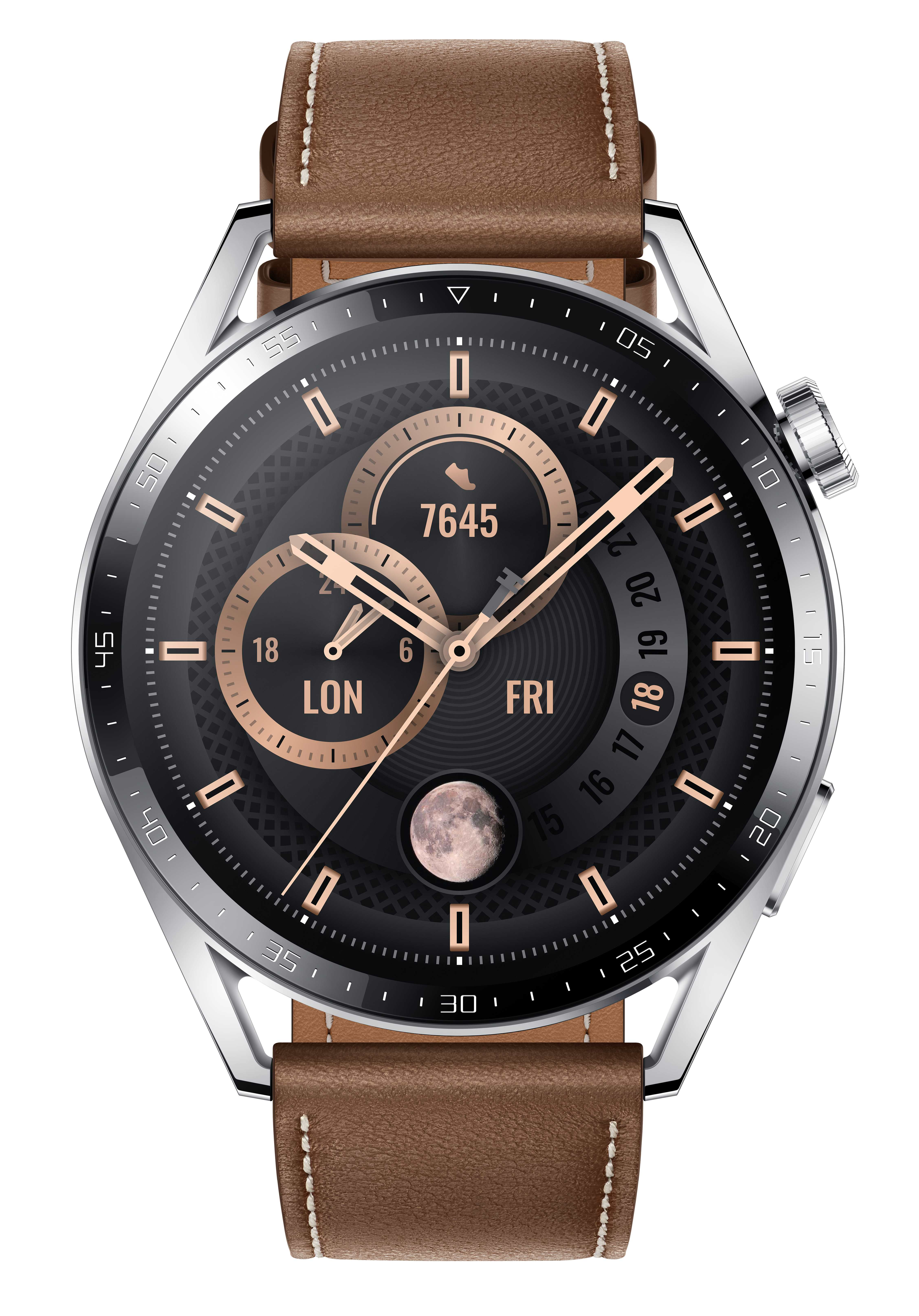 Eine Smartwatch mit braunem Lederarmband und dunklem Zifferblatt.