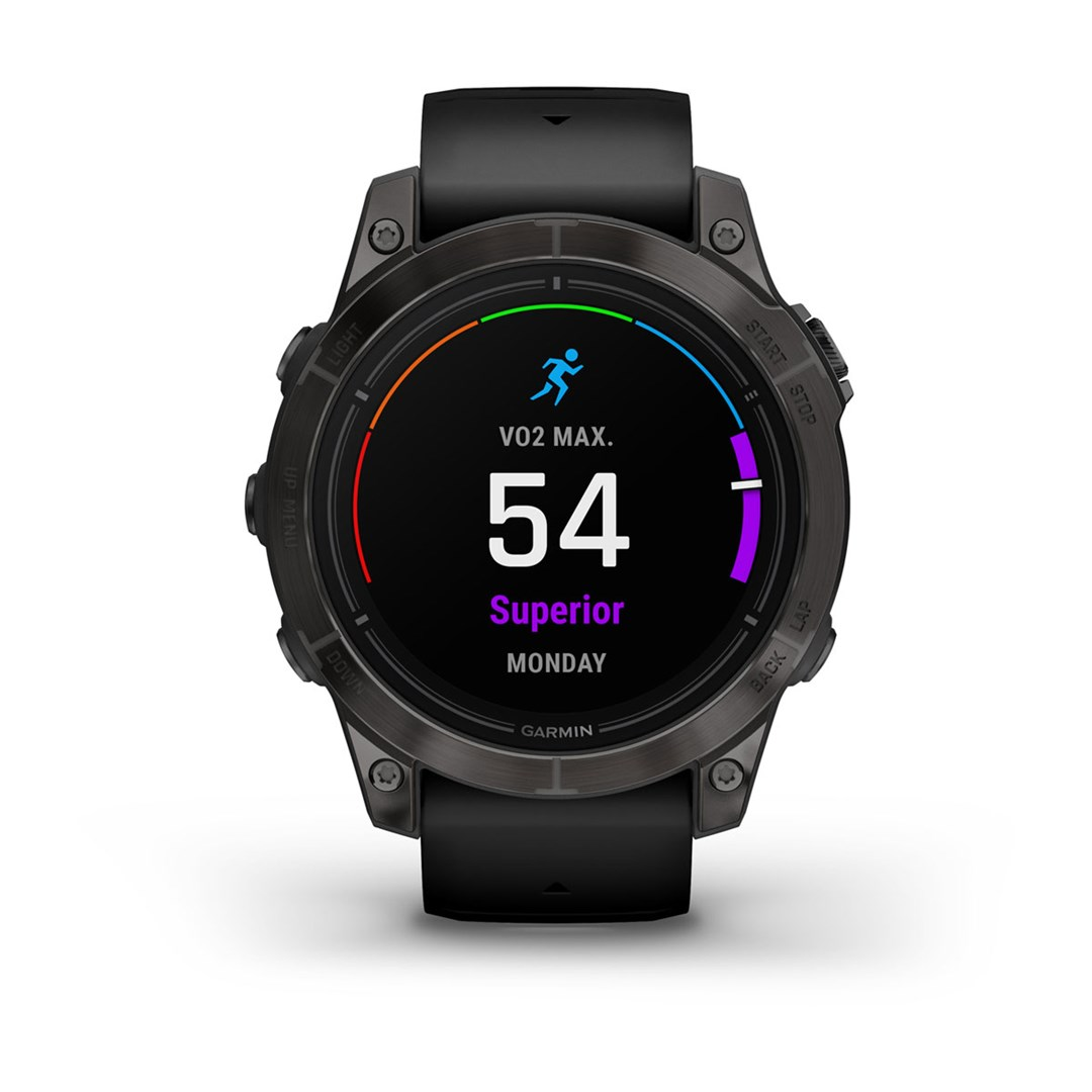 Czarny smartwatch wyświetla VO2 Max 54, Superior, Poniedziałek.