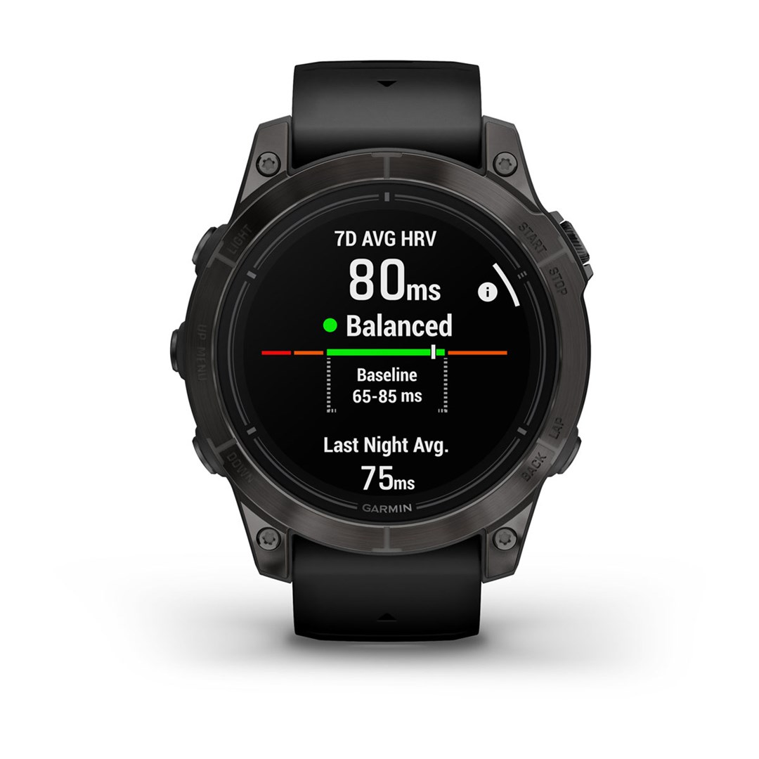 Czarny smartwatch Garmin wyświetla dane HRV. 7D Avg HRV to 80ms, Zrównoważony.