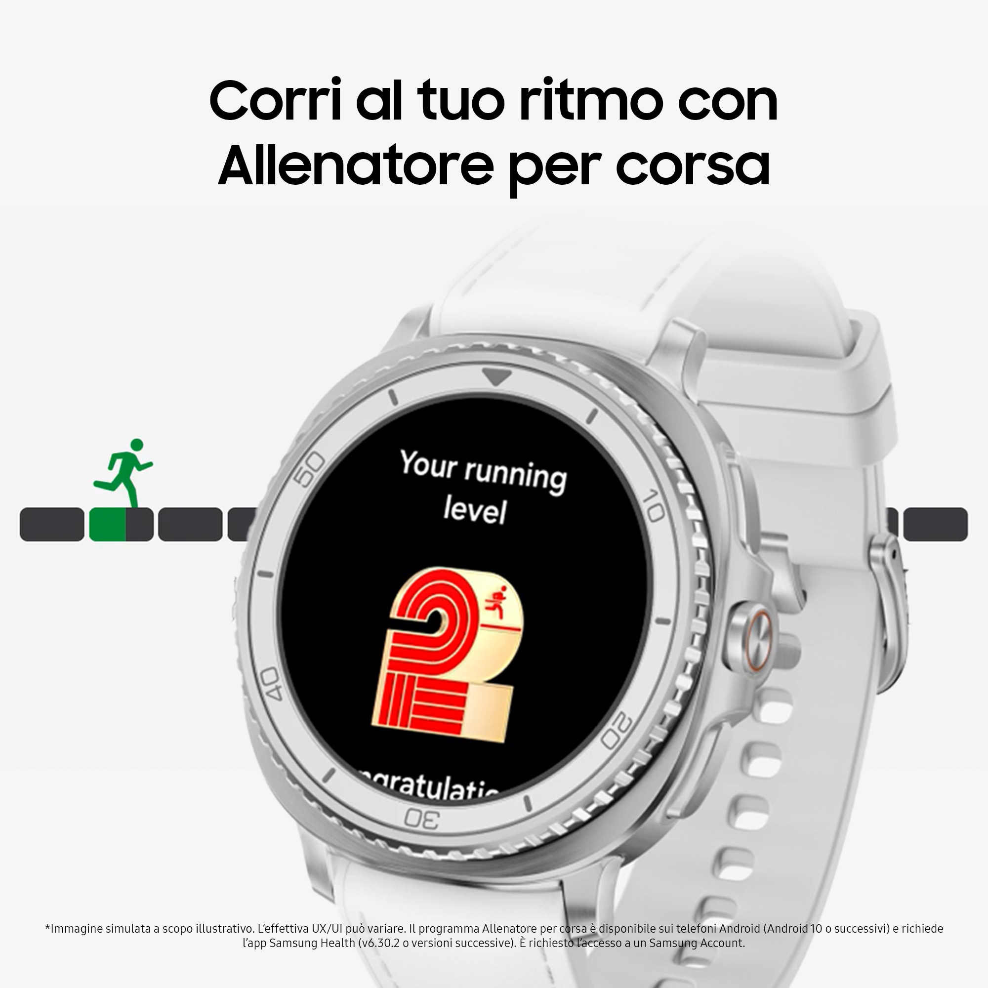 Uno smartwatch mostra 'Il tuo livello di corsa' con icona corridore e numero 2.