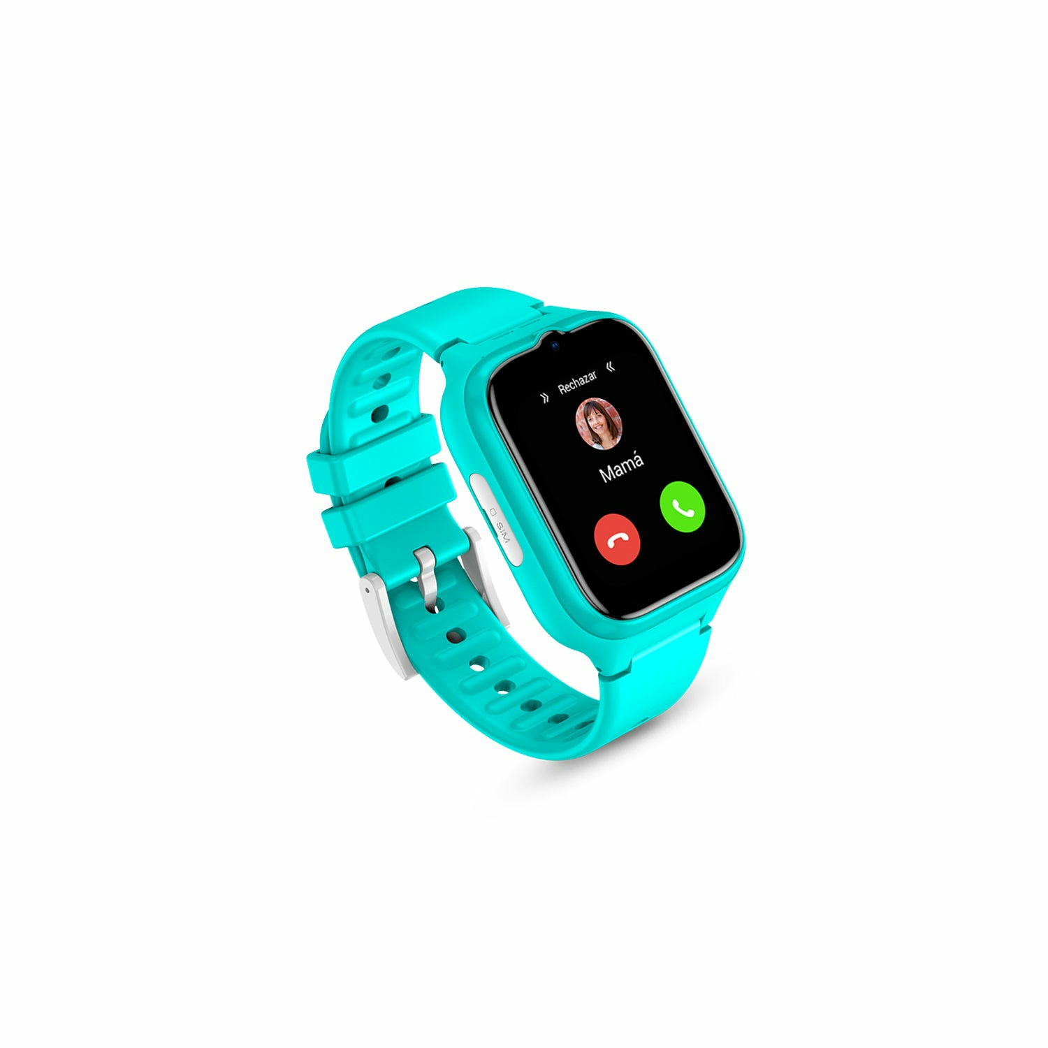 Türkisfarbene Smartwatch mit eingehendem Anruf von Mama, mit grünen und roten Symbolen.