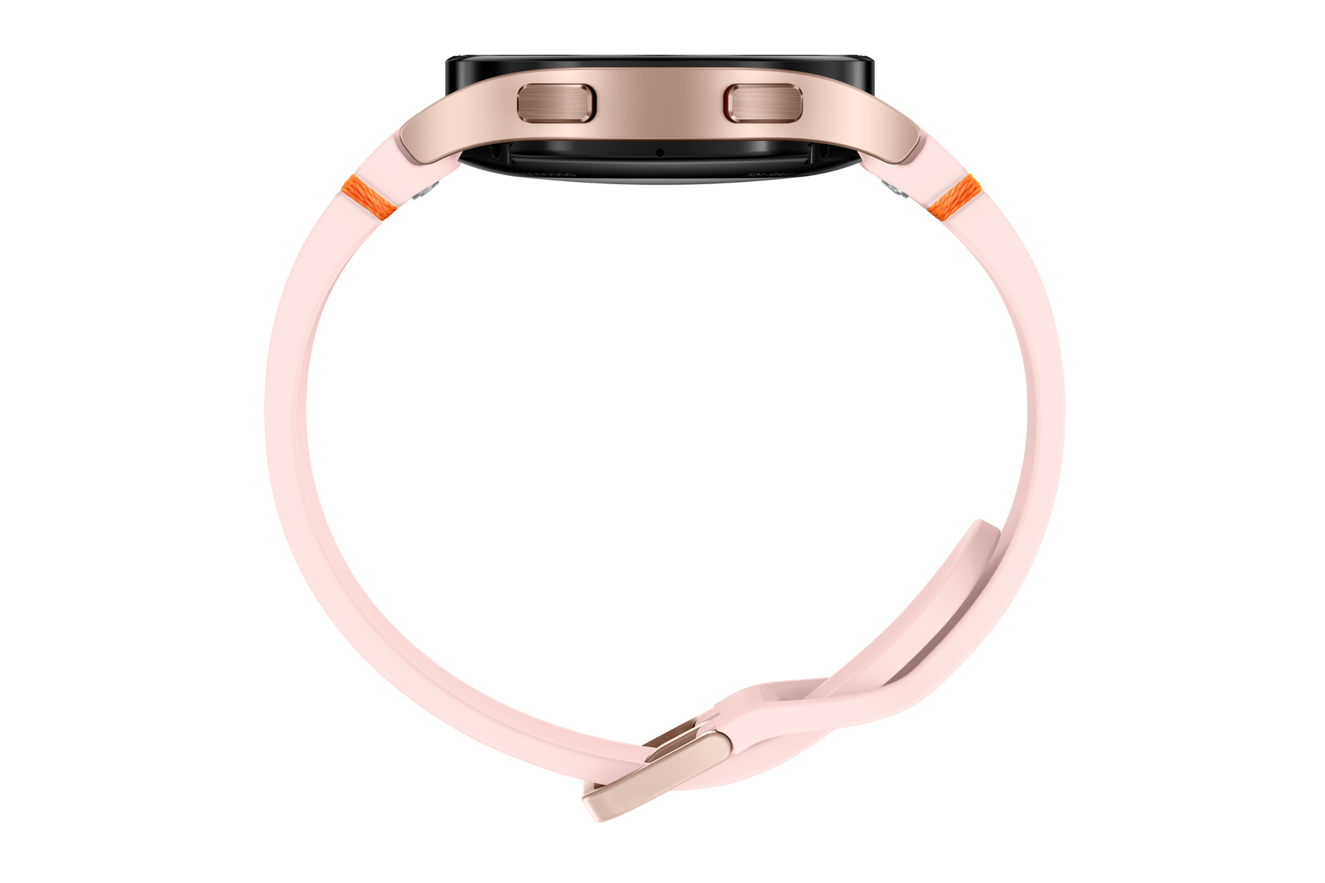Uno smartwatch rosa con cassa e cinturino in oro rosa.
