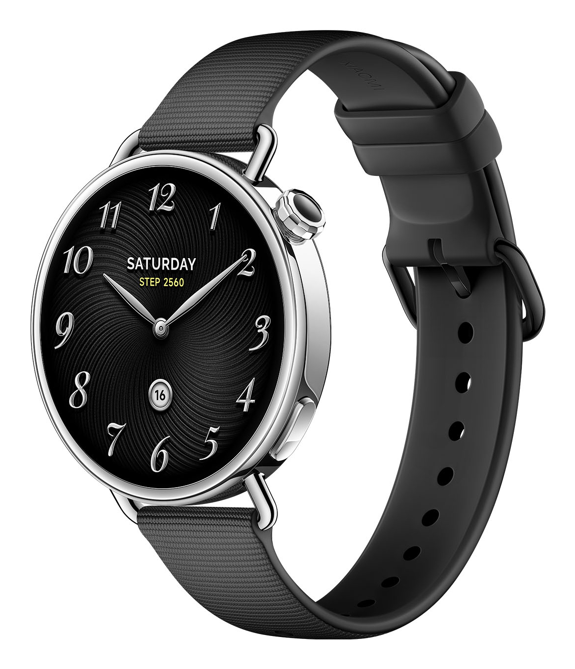 A black smartwatch with a silver rim, analog hands, and date display.