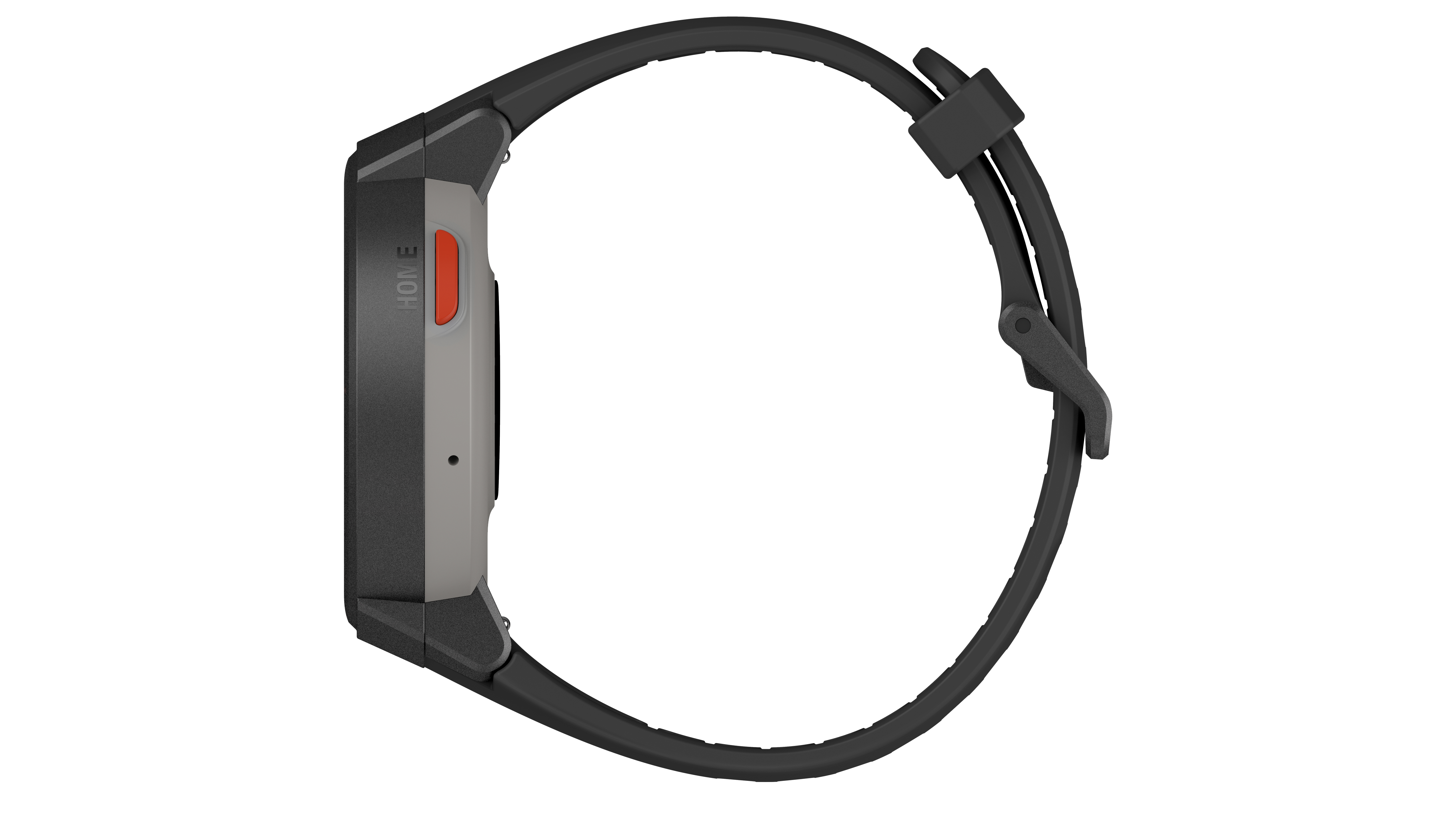 Reloj inteligente gris con correa negra y botón HOME rojo.