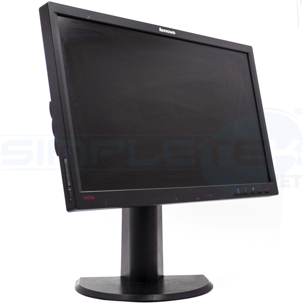 Un monitor Lenovo ThinkVision nero con supporto su sfondo bianco.