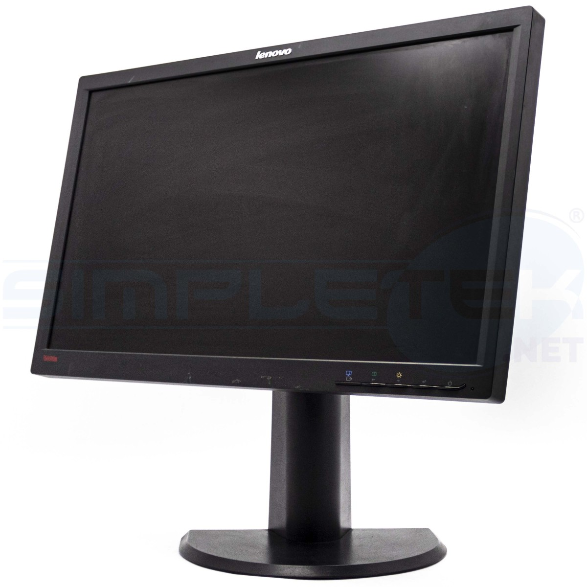 Un monitor Lenovo nero con supporto è mostrato su sfondo bianco.