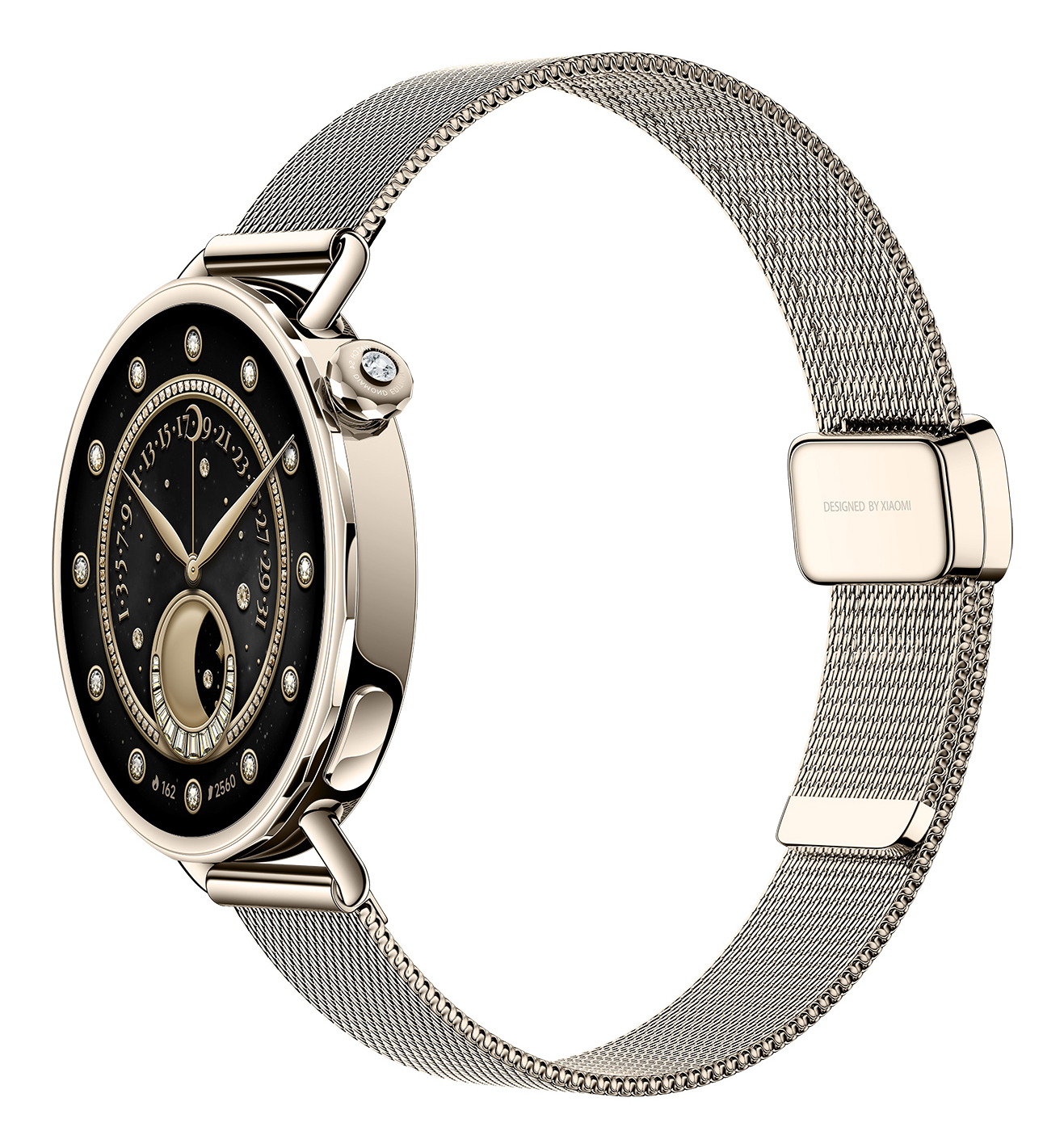 Reloj inteligente dorado con esfera negra, pantalla de fase lunar y correa milanesa.