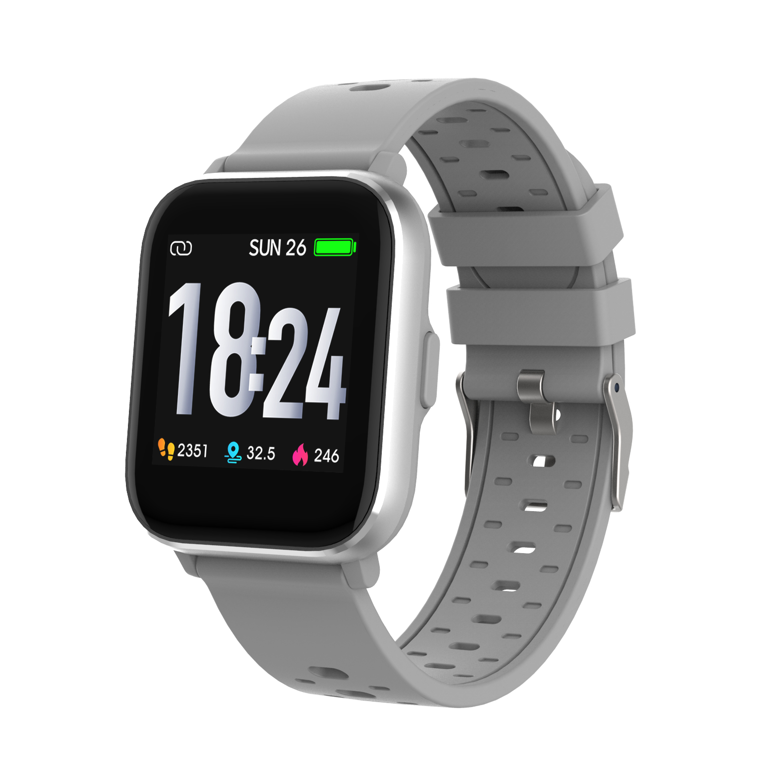 Uno smartwatch grigio mostra le 18:24, con icone per passi, distanza e calorie.
