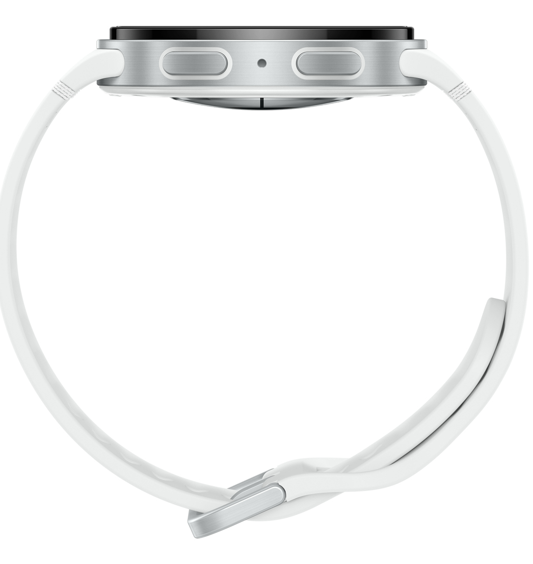 Srebrny smartwatch z białym paskiem i srebrną klamrą, widok z boku.