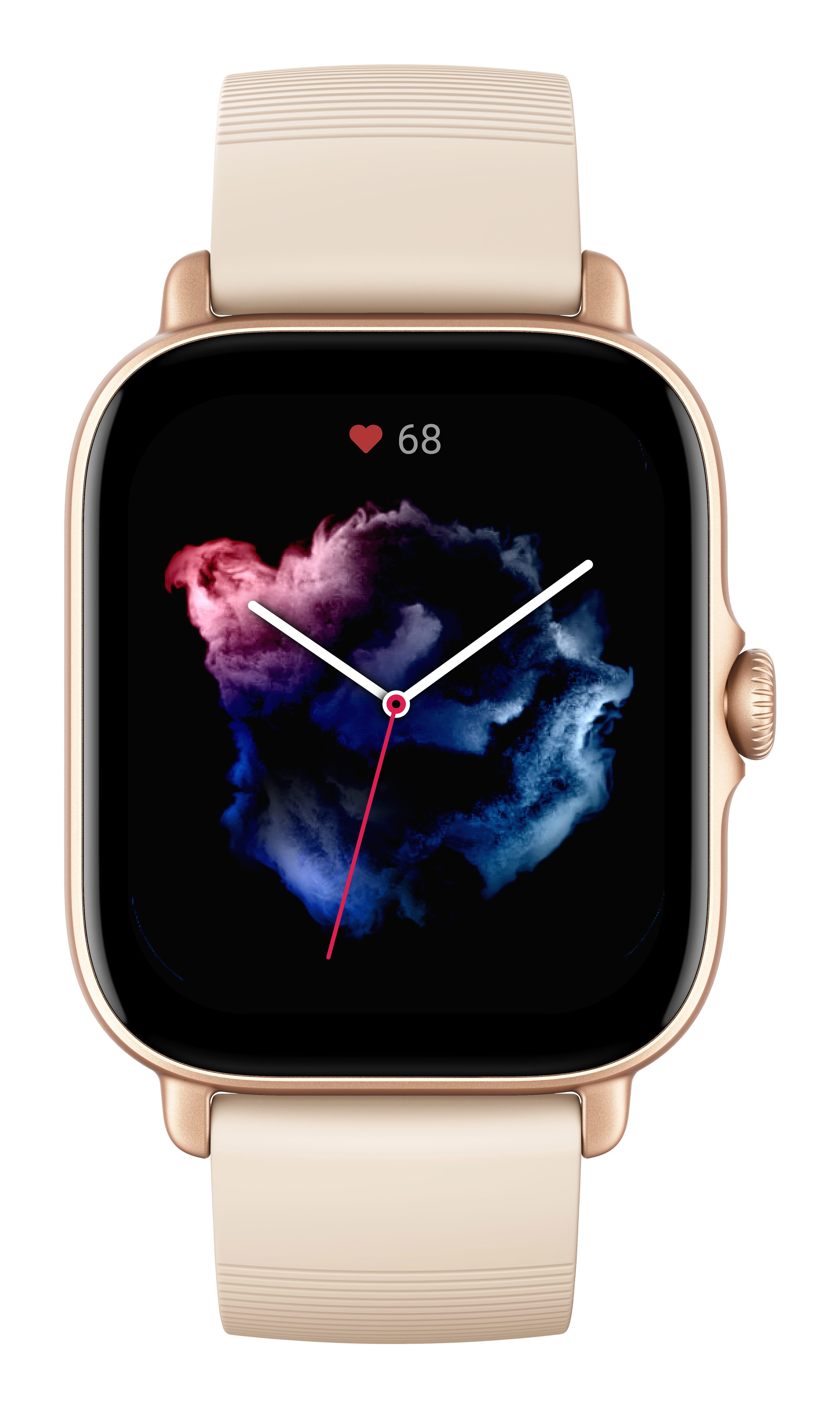 Eine goldene Smartwatch mit beigem Armband zeigt einen Herzschlag von 68.