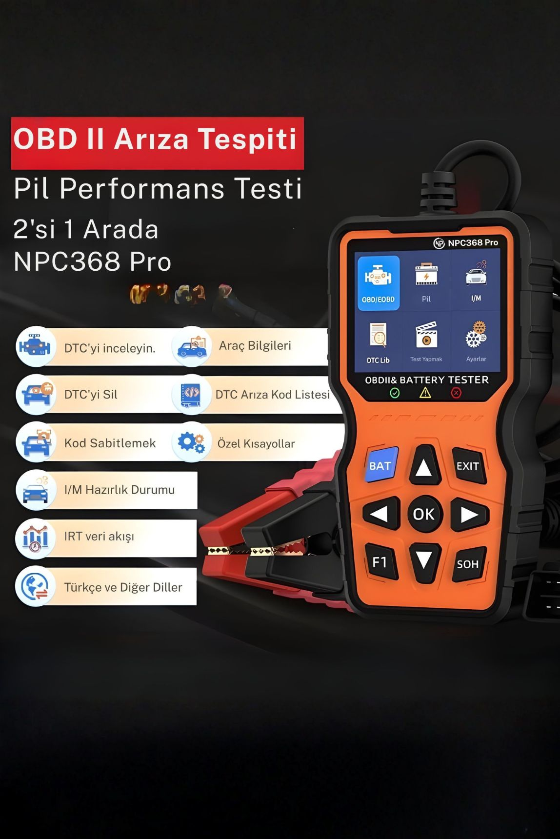 Turuncu OBDII ve akü test cihazı, kabloları ve ekranı ile birlikte.