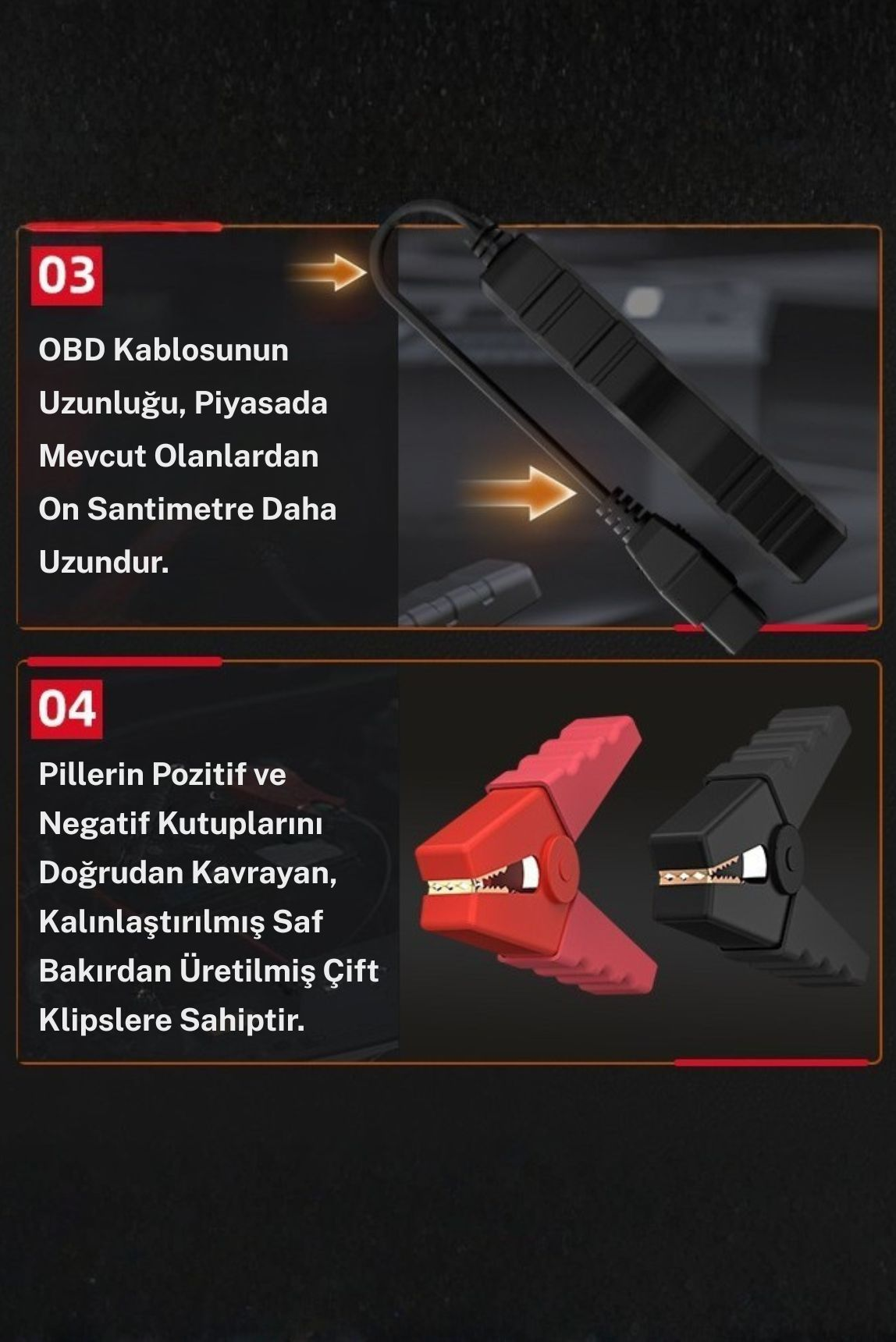 Siyah OBD kablosu, normalden uzun. Kırmızı ve siyah kelepçeler.