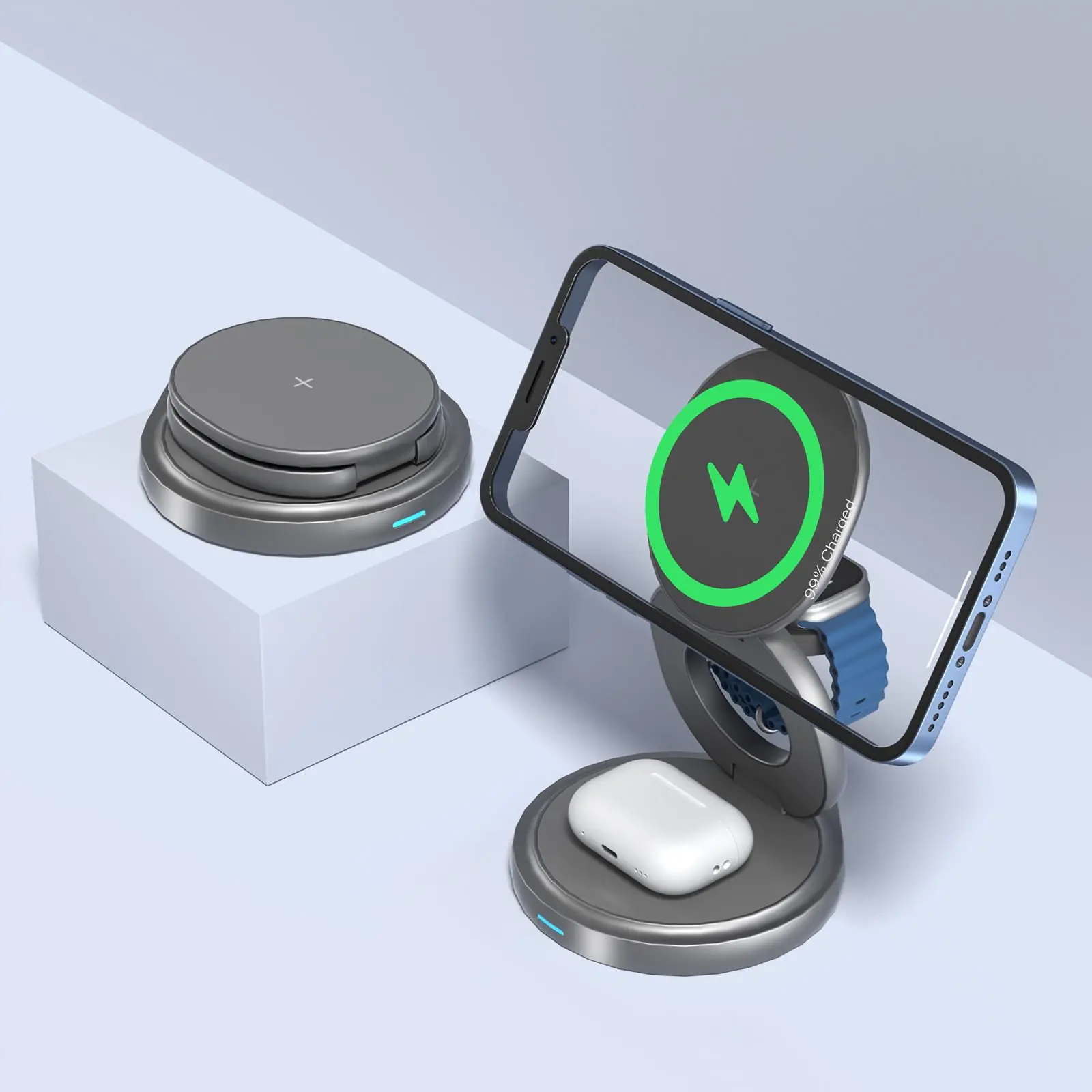 Ein kabelloses Ladegerät mit Handy, Uhr und Ohrhörern.