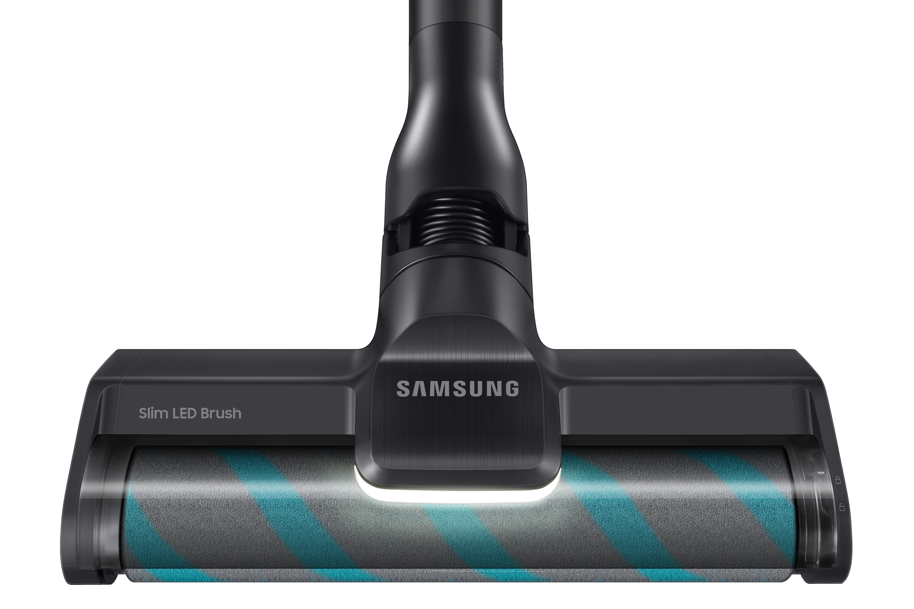 Cabezal de aspiradora Samsung negro con cepillo LED y rayas azul-gris.