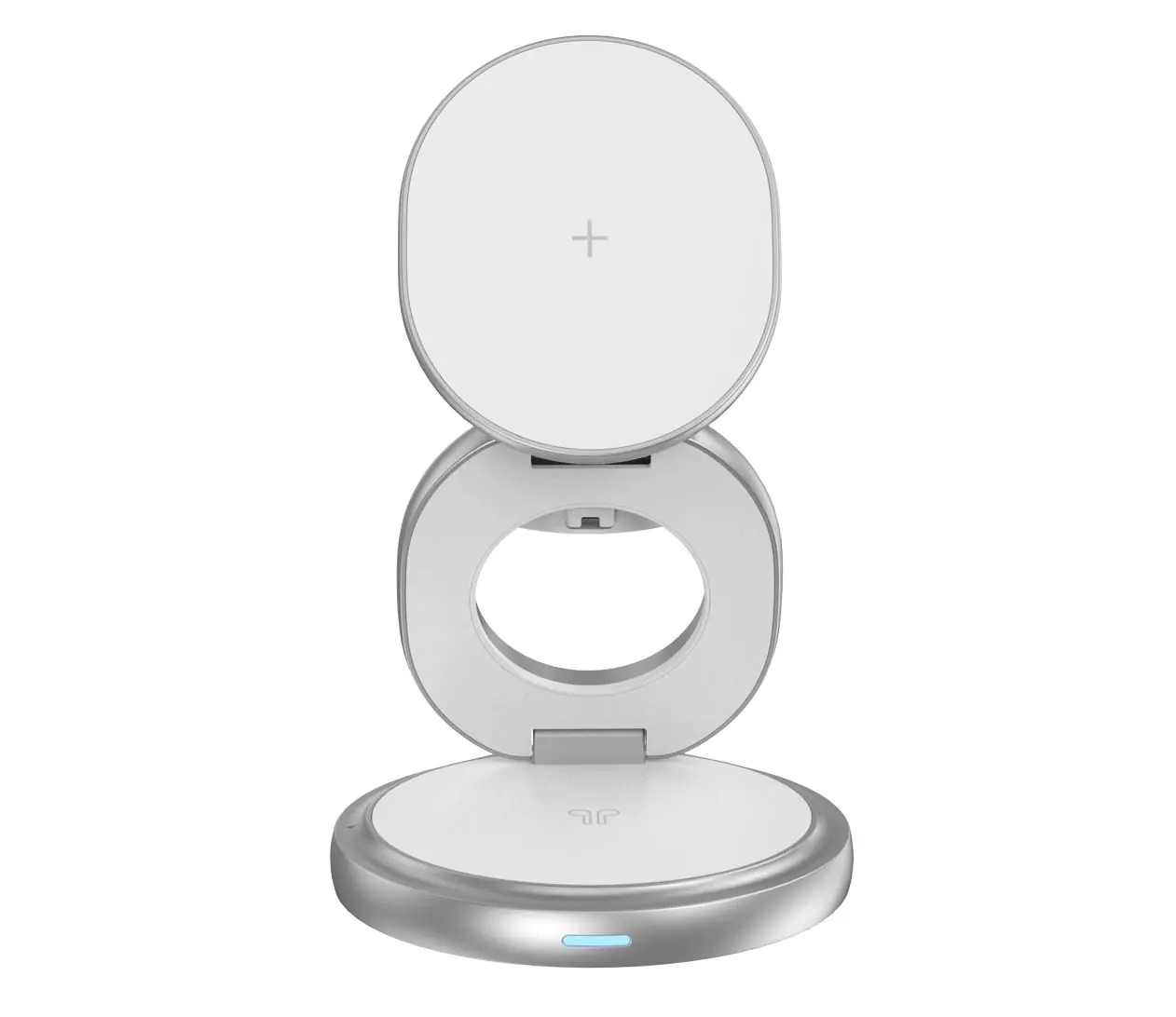 Ein weißes, oval geformtes Ladegerät mit einem Ring in der Mitte.