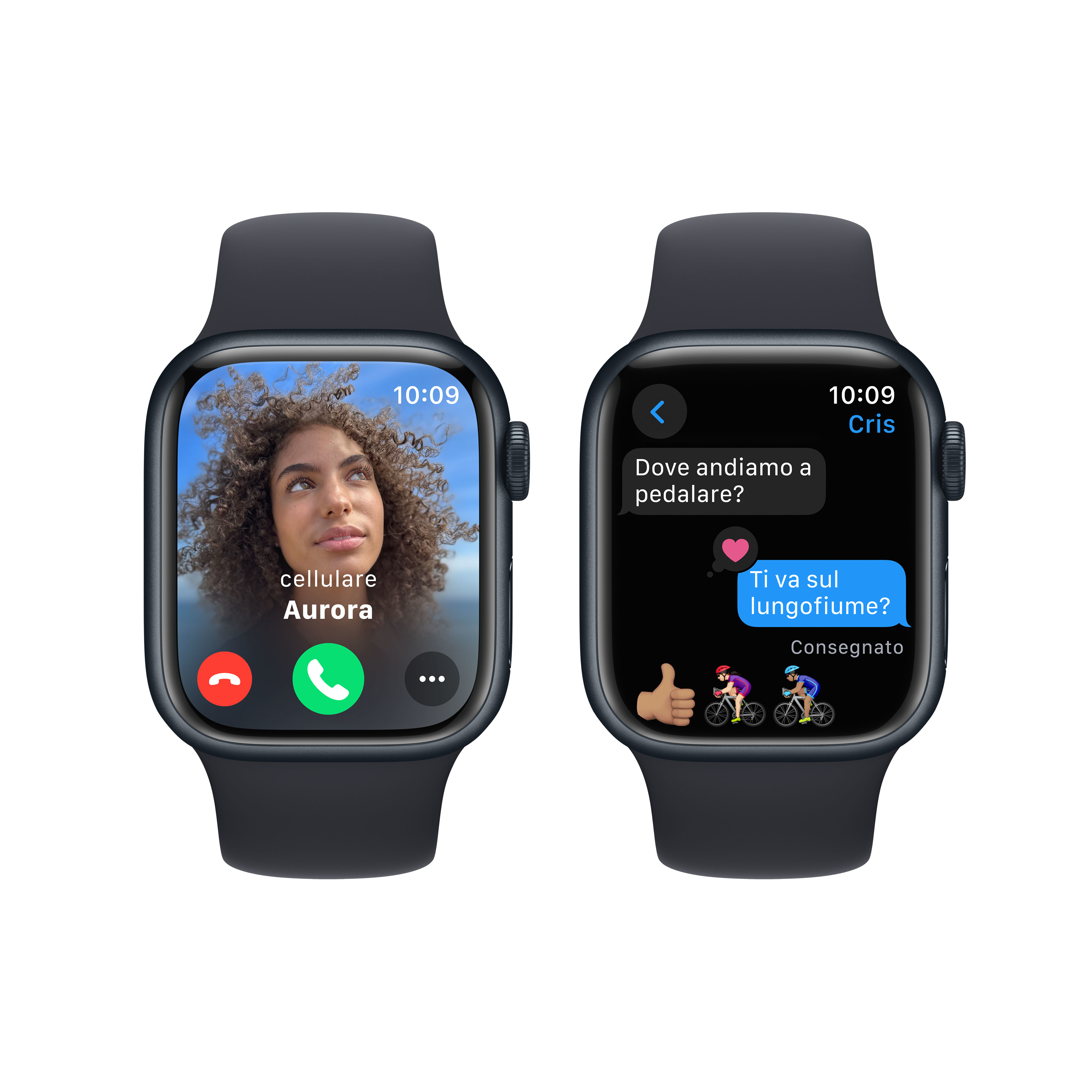 Dos smartwatches muestran llamadas y mensajes. Una muestra una cara, la otra emojis de ciclistas.