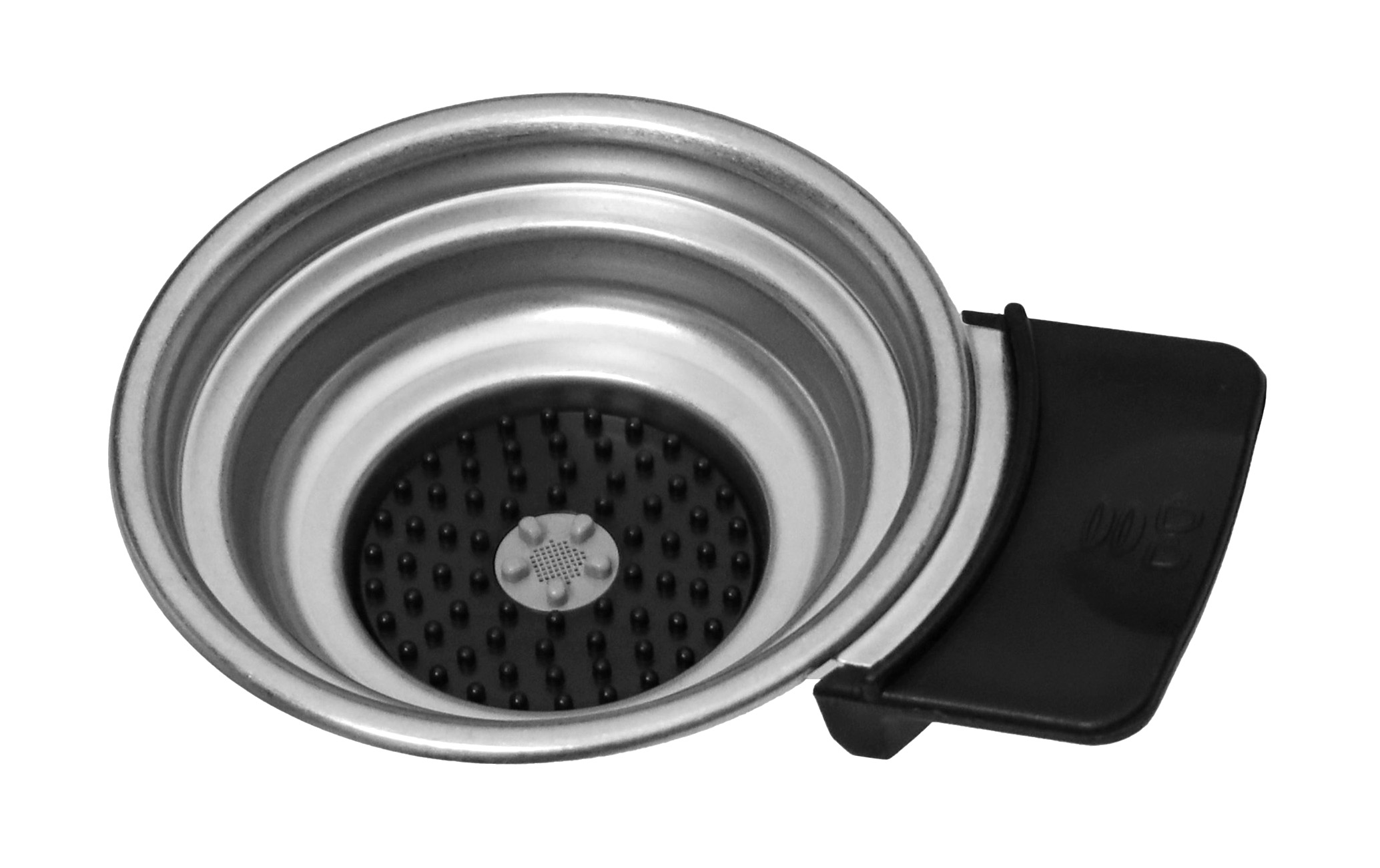 Ein silberner Kaffeefilter mit schwarzem Griff und kleinen Noppen.