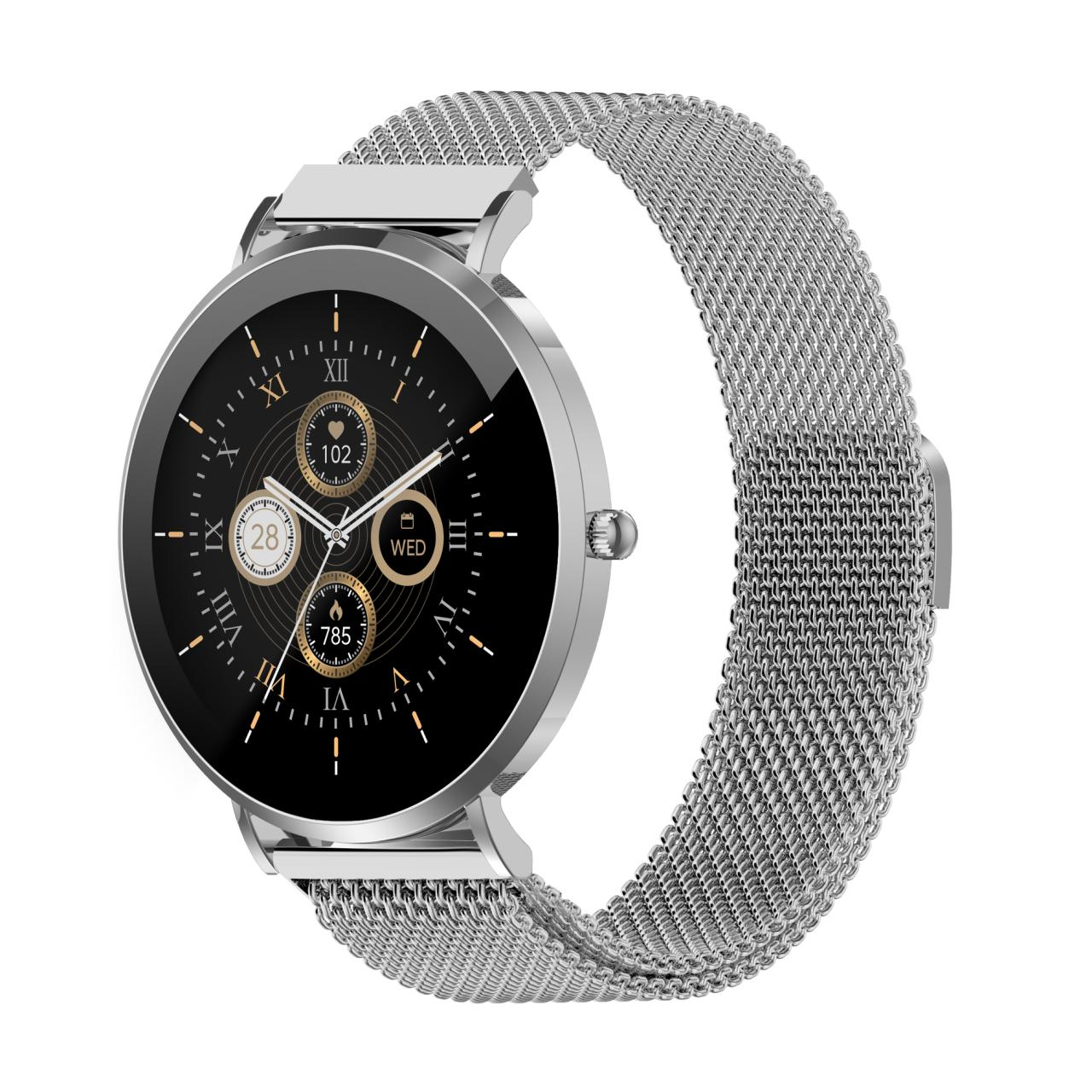 Silver smartwatch with a round black face, digital numbers, and a Milanese band.