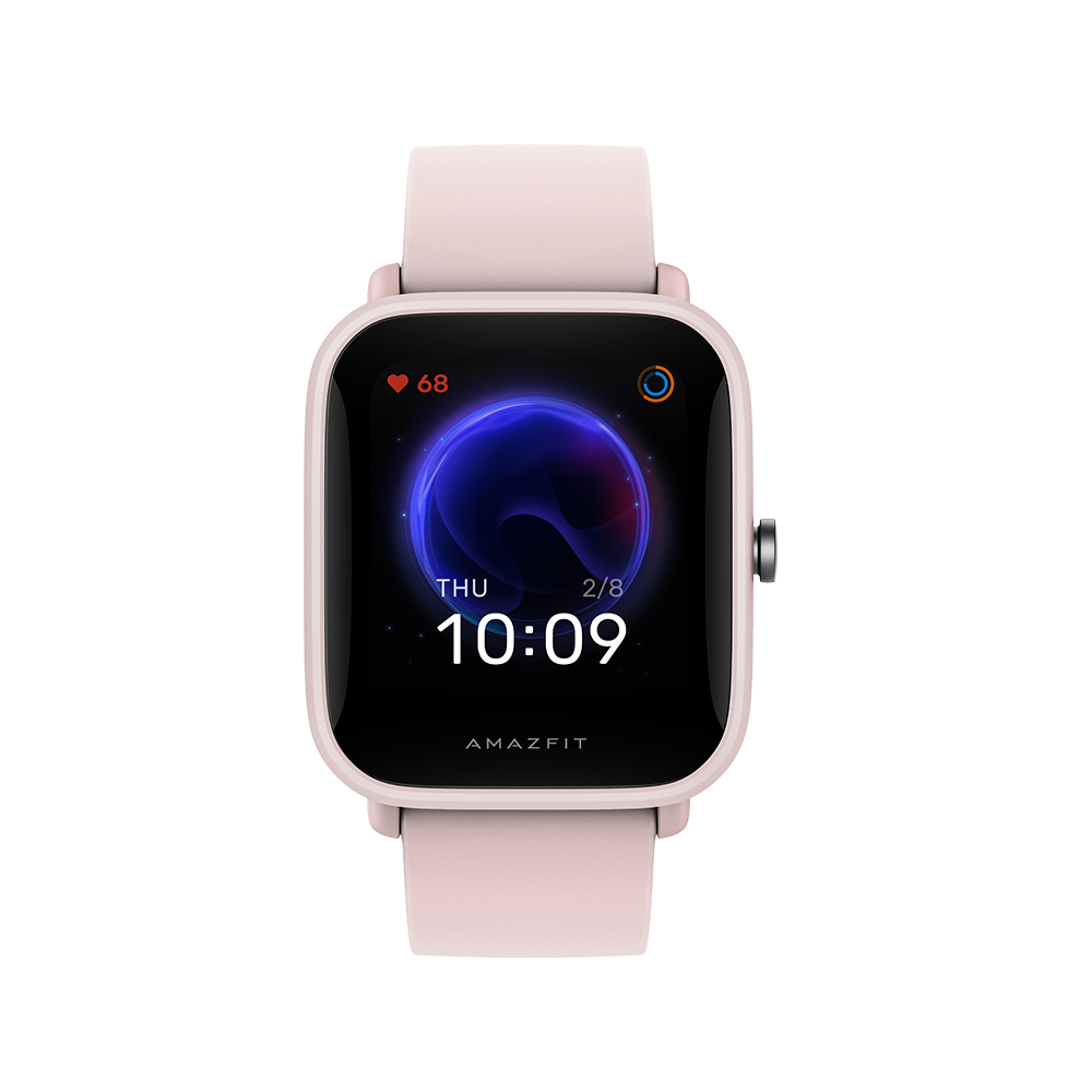 Uno smartwatch rosa mostra le 10:09, battito cardiaco 68 e logo Amazfit.