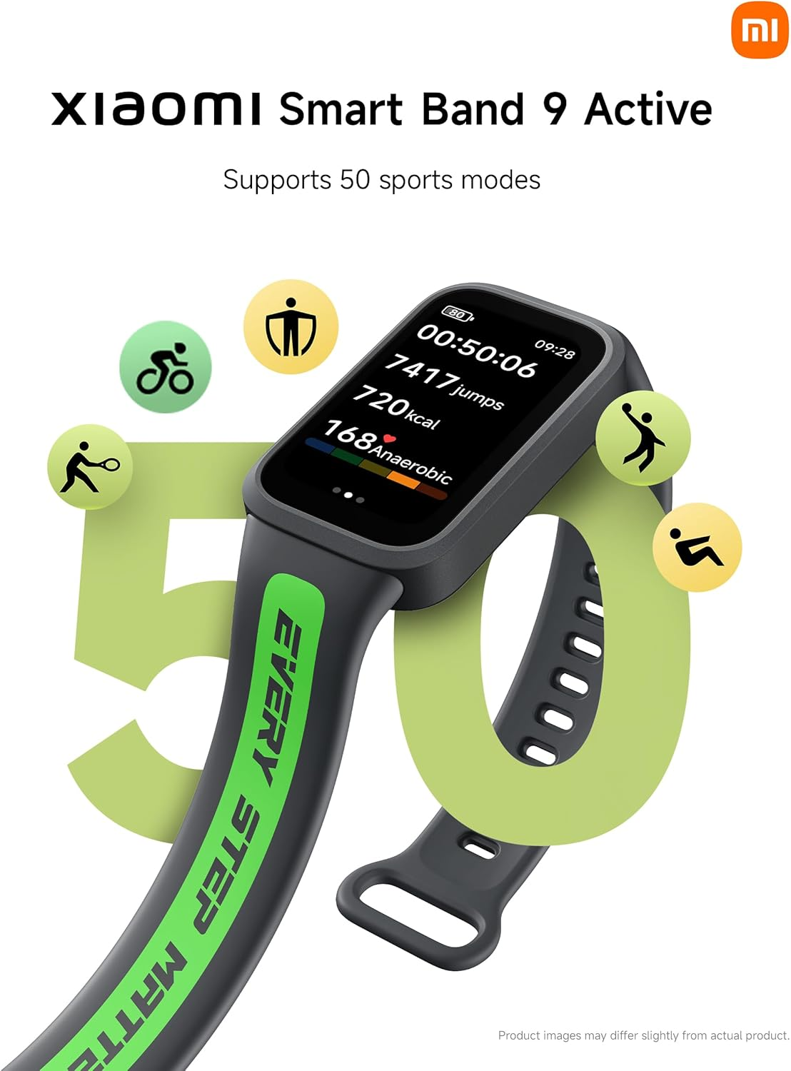 Xiaomi Smart Band 9 Active zeigt Uhrzeit, Sprünge, Kalorien und anaerobe Daten.