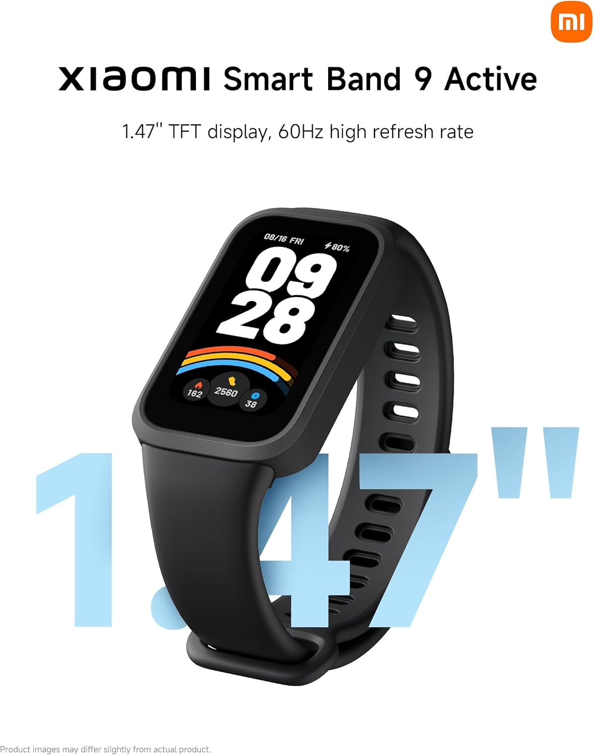 Xiaomi Smart Band 9 Active mit 1,47" Display. Zeigt Zeit 09:28, Datum und Aktivitätsstatistiken.