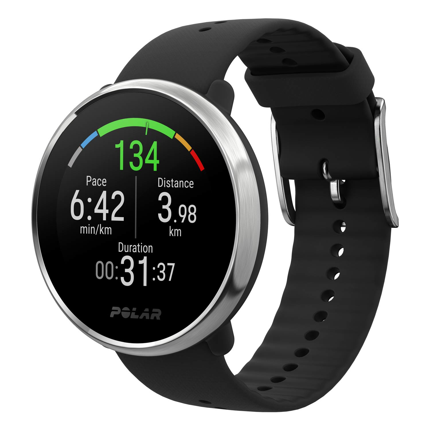 Schwarze Sportuhr mit silbernem Ring und Display: 134, 6:42 min/km, 3,98 km, 00:31:37.