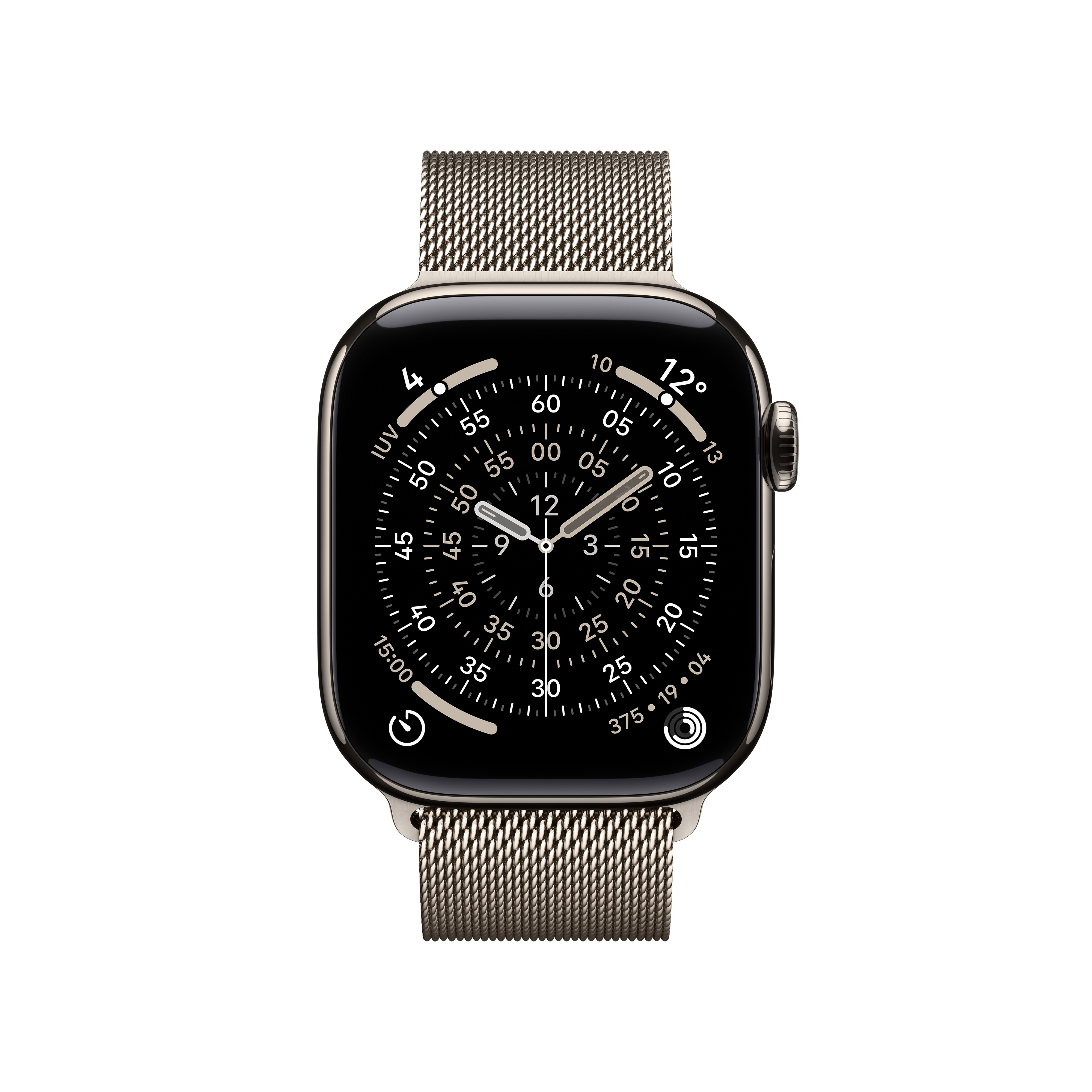 Złoty smartwatch z bransoletą mediolańską i ciemną tarczą.