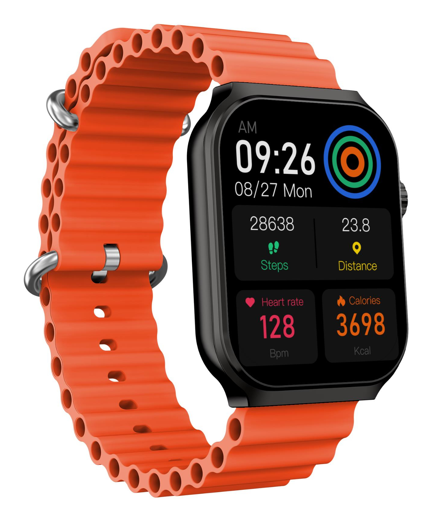 Uno smartwatch arancione con cassa nera mostra ora, data, passi, distanza, battito cardiaco e calorie.