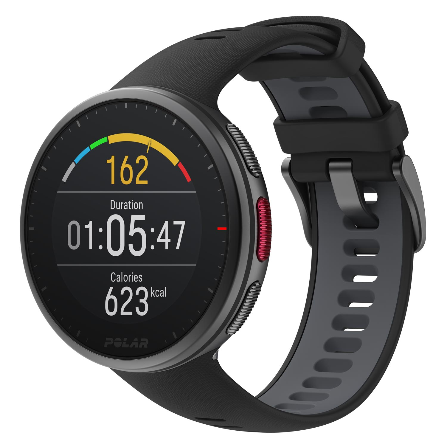 Schwarze Smartwatch mit Herzfrequenzanzeige, Dauer und Kalorien.