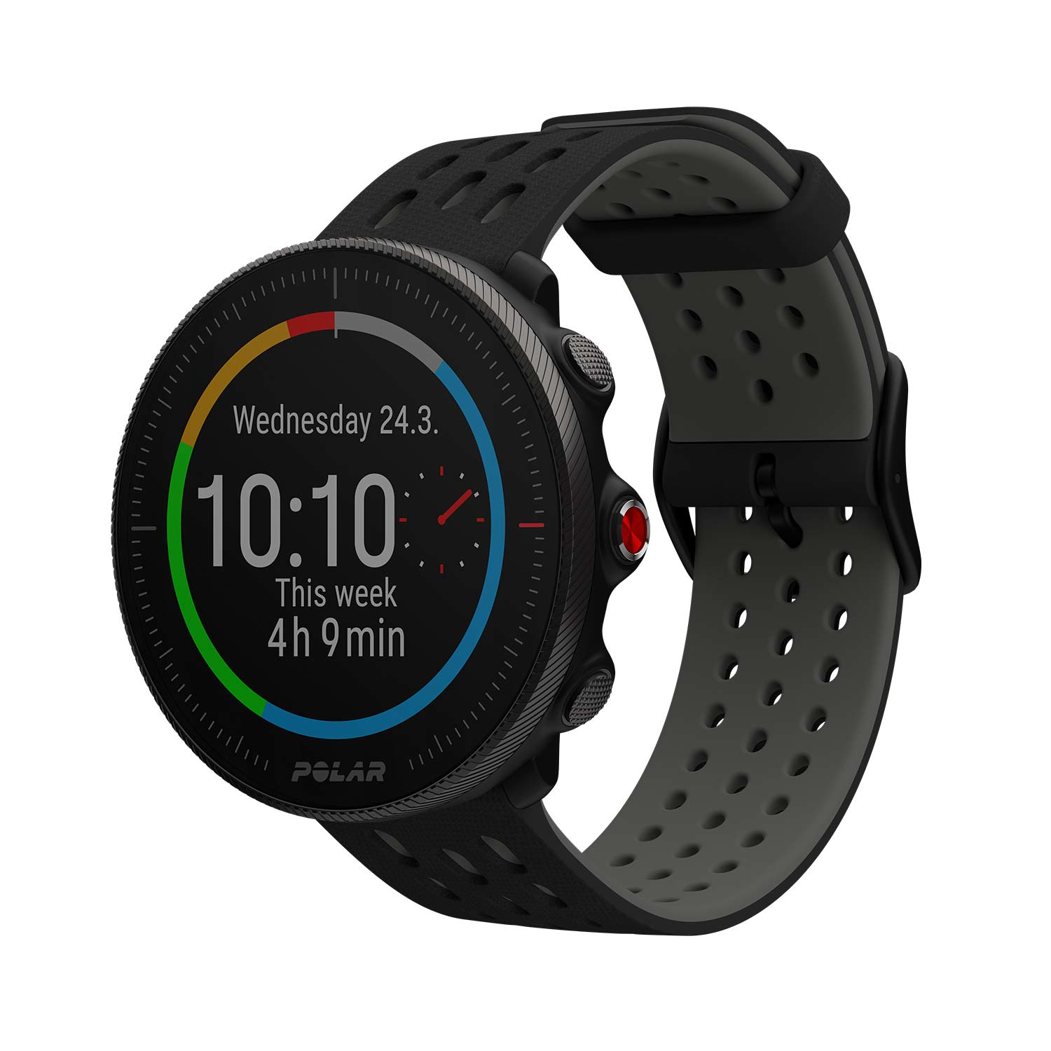 Schwarze Sportuhr mit grauem Armband, zeigt Mittwoch 24.3. und 10:10 Uhr an.