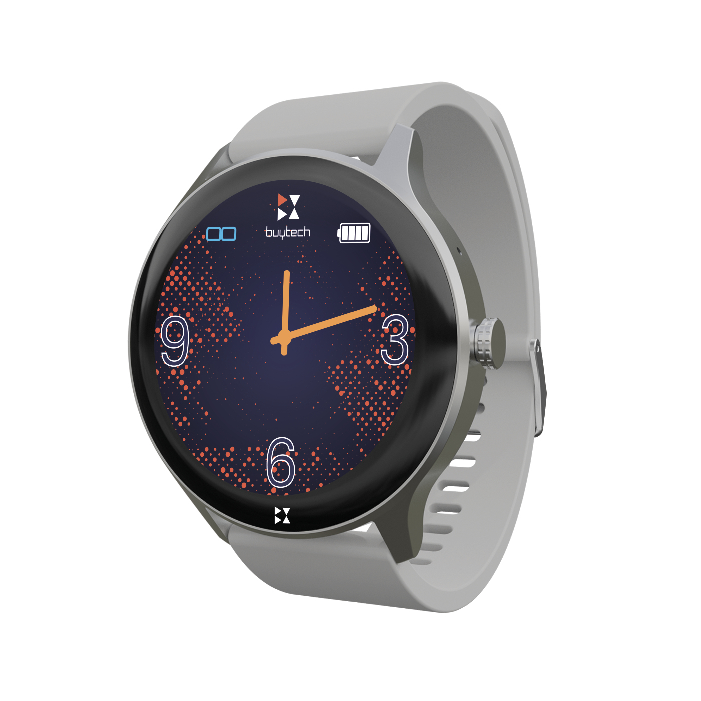Uno smartwatch grigio con quadrante rotondo blu scuro che mostra puntini e numeri arancioni.
