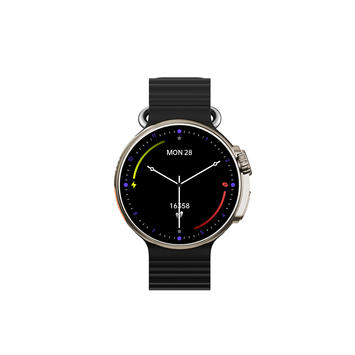 Un reloj inteligente con correa negra, carcasa plateada y pantalla digital negra.