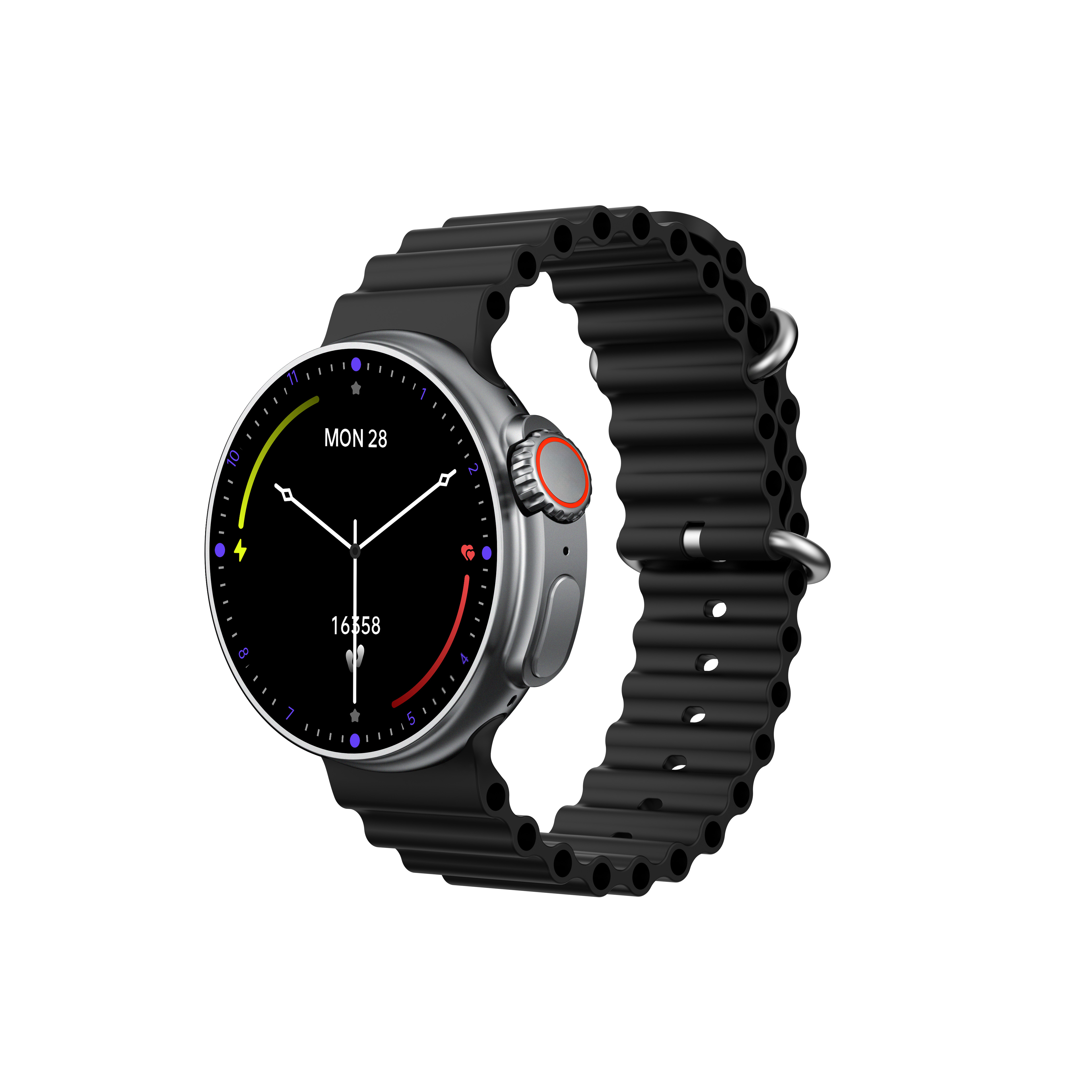 Un reloj inteligente plateado con banda negra muestra la hora y fecha en pantalla.
